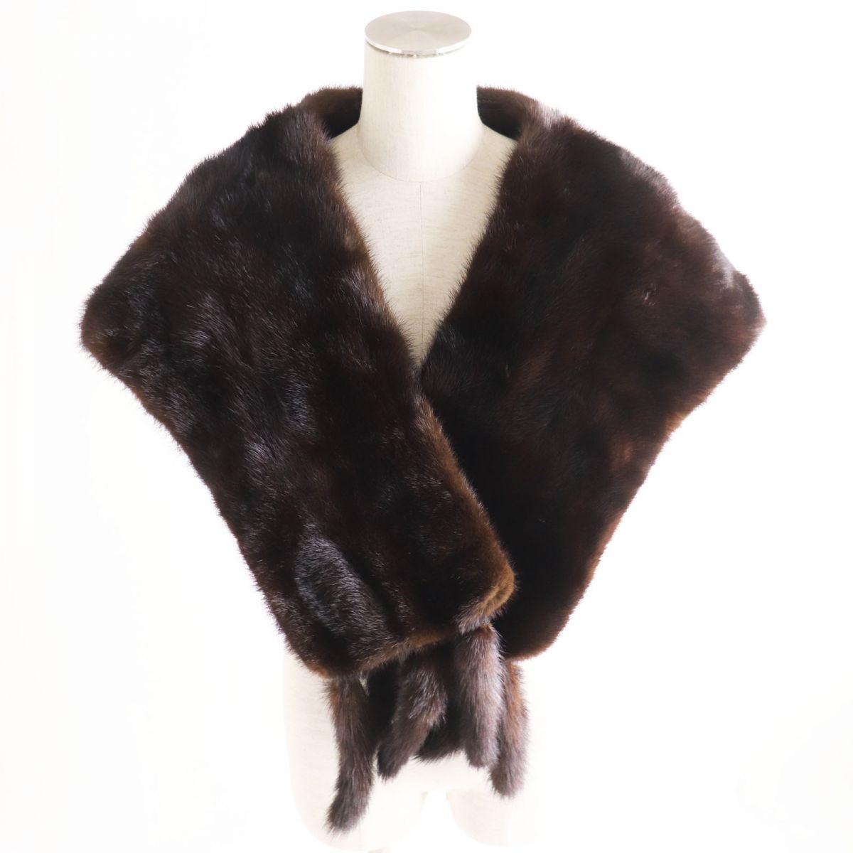 美品●MINK ミンク 房付き 本毛皮大判ショール/ストール/ティペット ダークブラウン 毛質艶やか◎【中古】