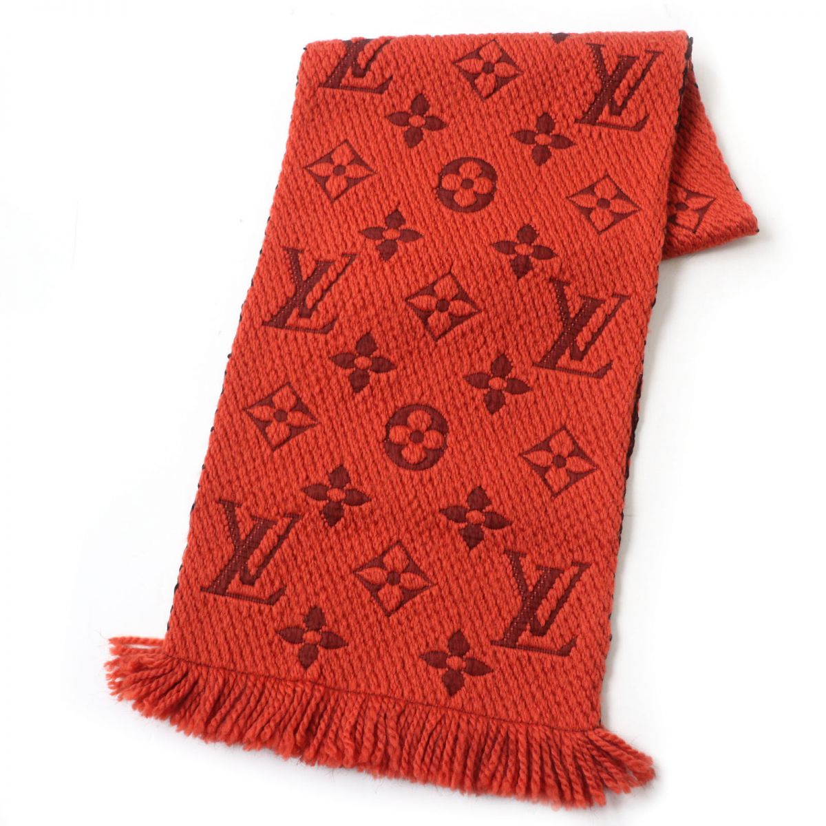 美品☆LOUIS VUITTON ルイヴィトン M75095 エシャルプ ロゴマニア モノグラム シルク混 ニットマフラー レディース オレンジ 伊製 箱付き【中古】
