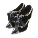 【ドンドン見直し】美品★DOLCE&GABBANA ドルチェ&ガッバーナ ポインテッドトゥ レース装飾 ベロア×レザー パンプス/ブーティ 黒×金 36 伊製 箱・保存袋付【中古】