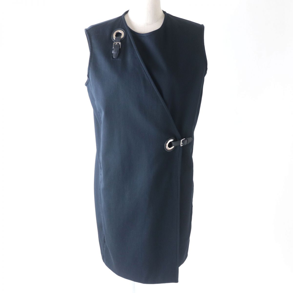 【ドンドン見直し】未使用品★正規品 HERMES エルメス 2022年 ROBE PORTEFEUILLE レザー使い ロング丈 ジレベスト/ワンピース 紺 4...