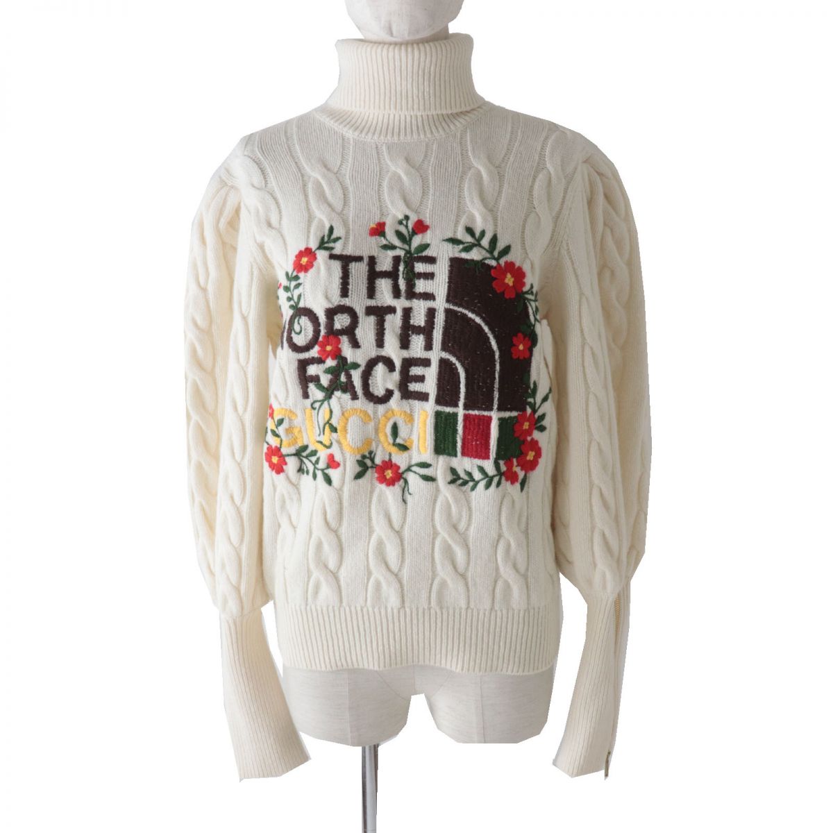 美品◎正規 21AW GUCCI×THE NORTH FACE グッチ×ノースフェイス 671689 フローラル エンブロイダリー タートルネックニット 白×マルチ XS【中古】