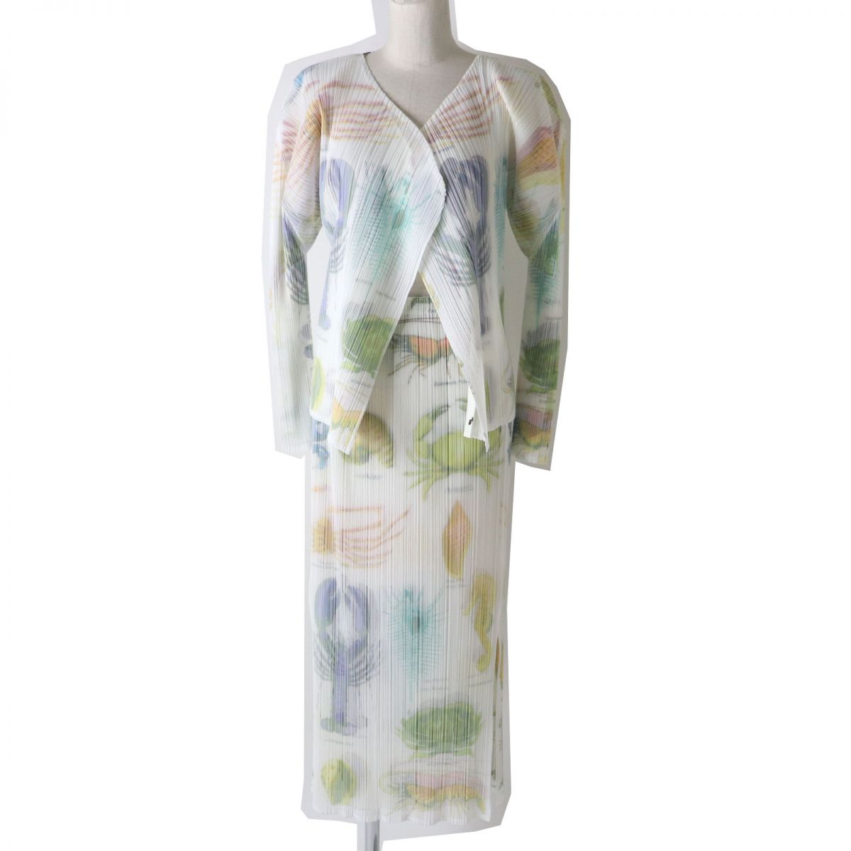 極美品☆正規品 プリーツプリーズ イッセイミヤケ 海洋生物 重ね着デザイン カーディガン・スカート セットアップ マルチカラー 3/2 日本製【中古】