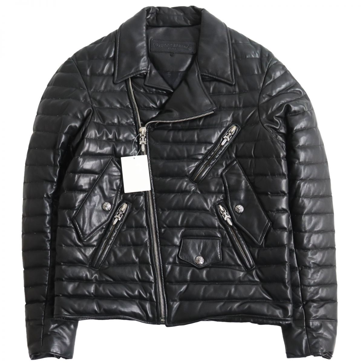 美品●CHROME HEARTS クロムハーツ 2225-304-9826 ラムレザー 裏地シルク100% ダガージップ クロスボール ダブルライダース ダウンジャケット ブラック M USA製 正規品【中古】