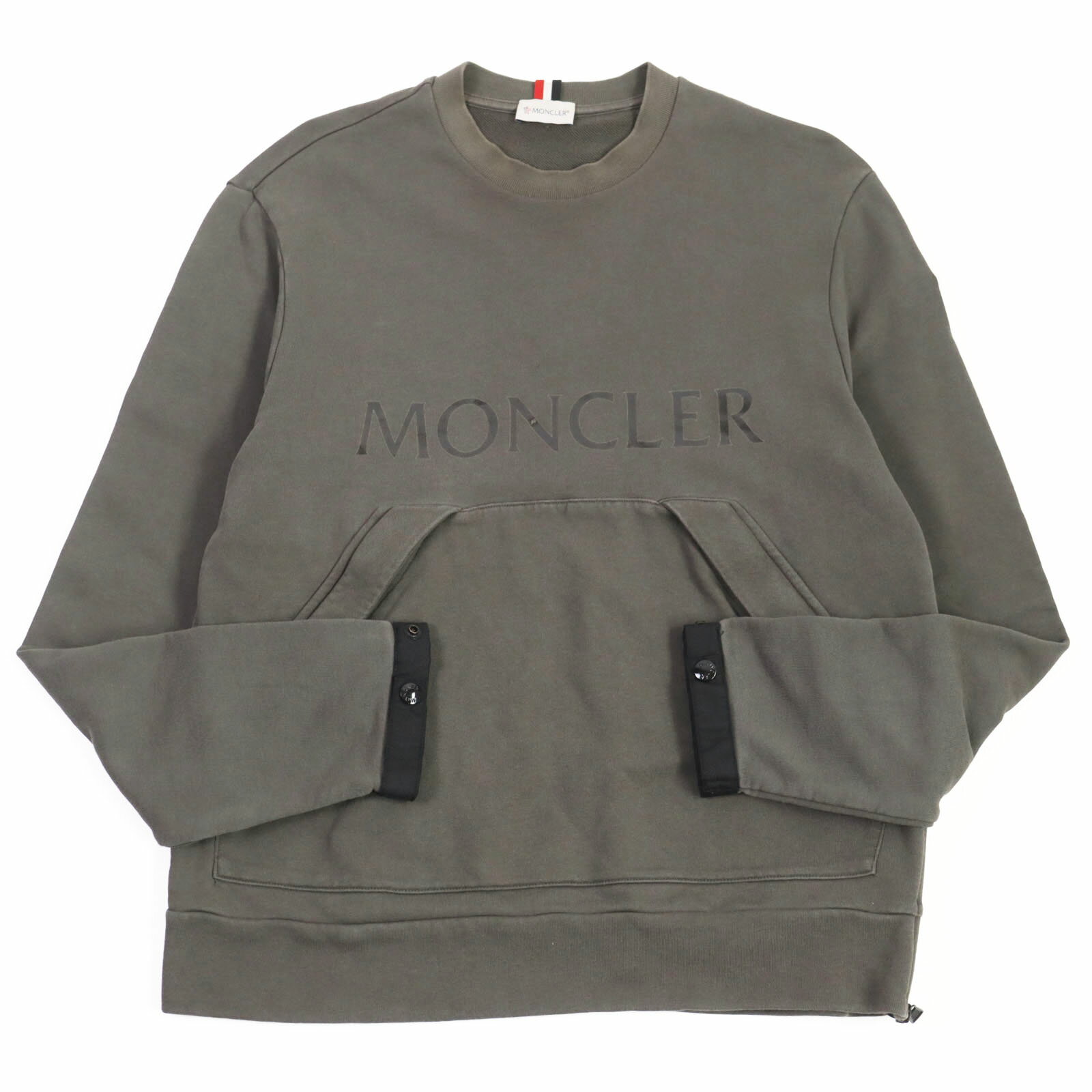 【ドンドン見直し】良品 MONCLER モンクレール 2018年製 E10918040850 V8011 MAGLIA GIROCOLLO コットン100% ロゴプリント/ロゴパッチ付き トリコロール クルーネック 異素材切替 スウェット グレー L 正規品 メンズ【中古】