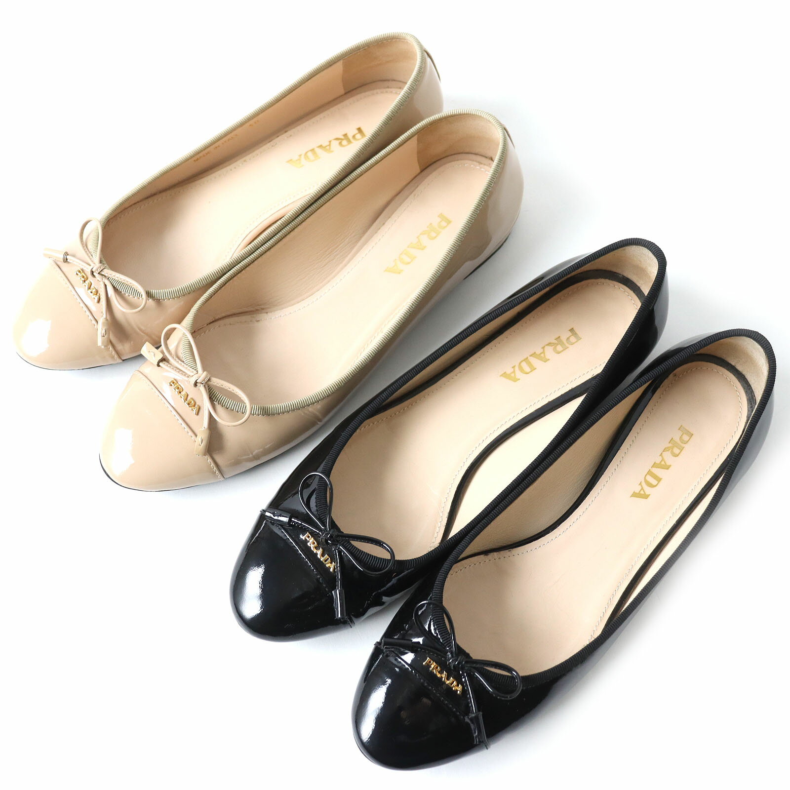 美品 PRADA プラダ 1F889D ロゴ金具・リボン付き パテント バレリーナ フラットシューズ パンプス ブラック ベージュ ゴールド金具 2足セット 38 イタリア製 レディース【中古】のサムネイル