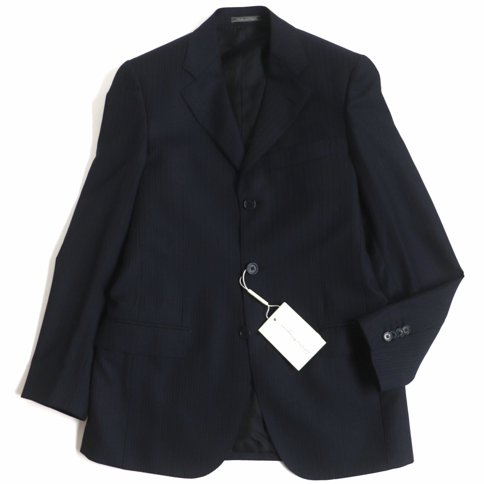 未使用品 Salvatore Ferragamo サルヴァトーレフェラガモ ウール ストライプ柄 ロゴ入りボタン シングル テーラードジャケット ネイビー 46 イタリア製 メンズ【中古】