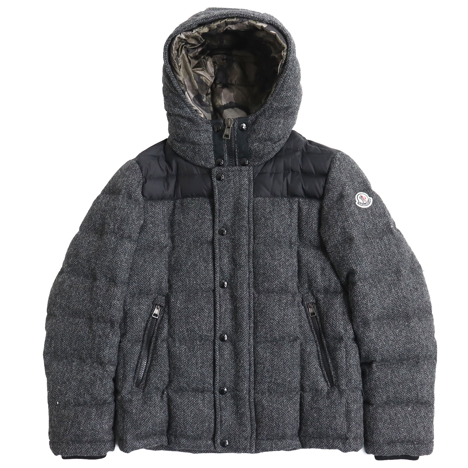 極美品 MONCLER モンクレール GUYENNE ギエンヌ 一部迷彩柄 フード付き レイヤード ツイード ダウンジャケット グレー系 0 国内正規品 メンズ【中古】