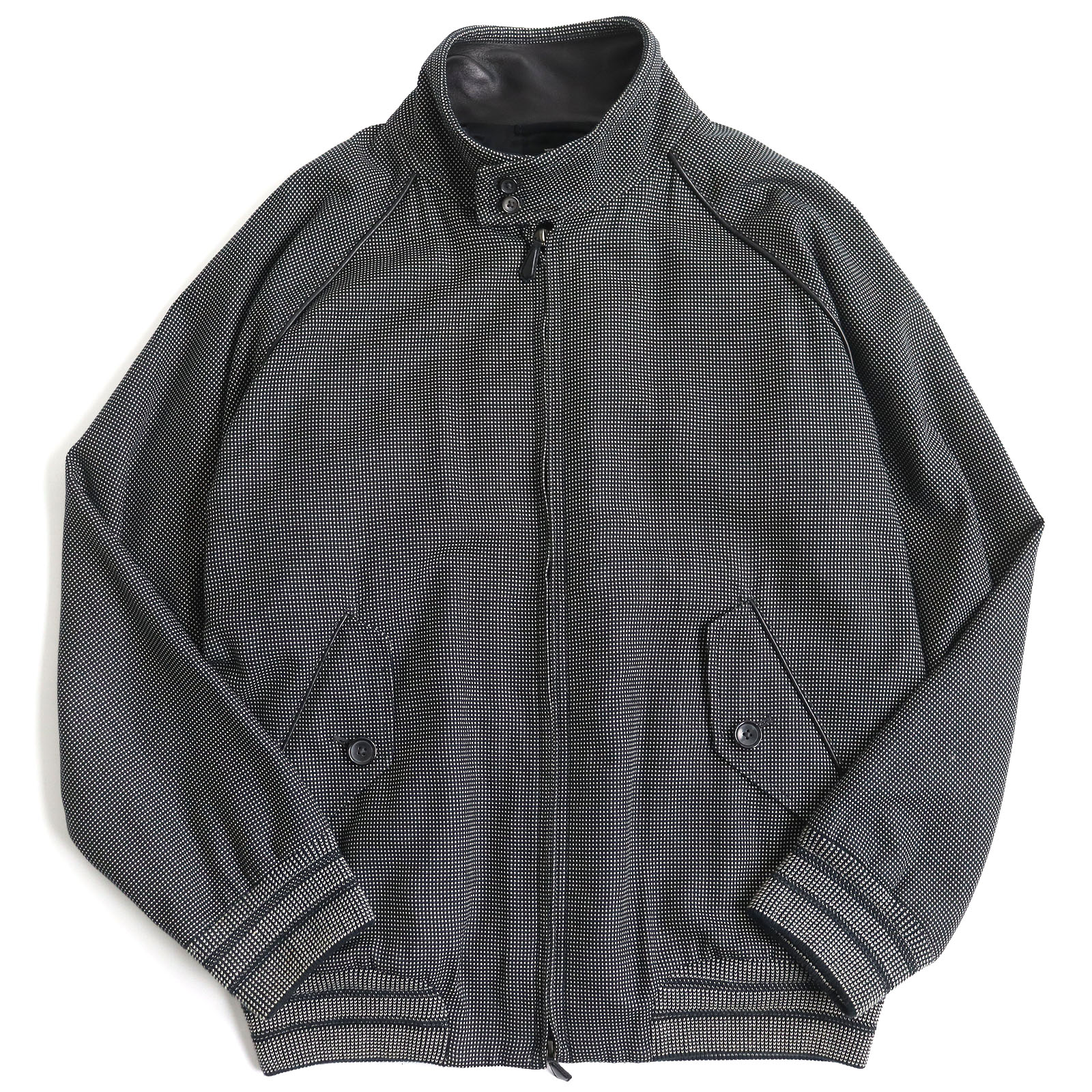 極美品 TOM FORD トムフォード 襟元・パイピングレザー使い 総柄 シルク混 スタンドカラー ジップ ジャケット ブルゾン ブラック系 46 イタリア製 メンズ【中古】