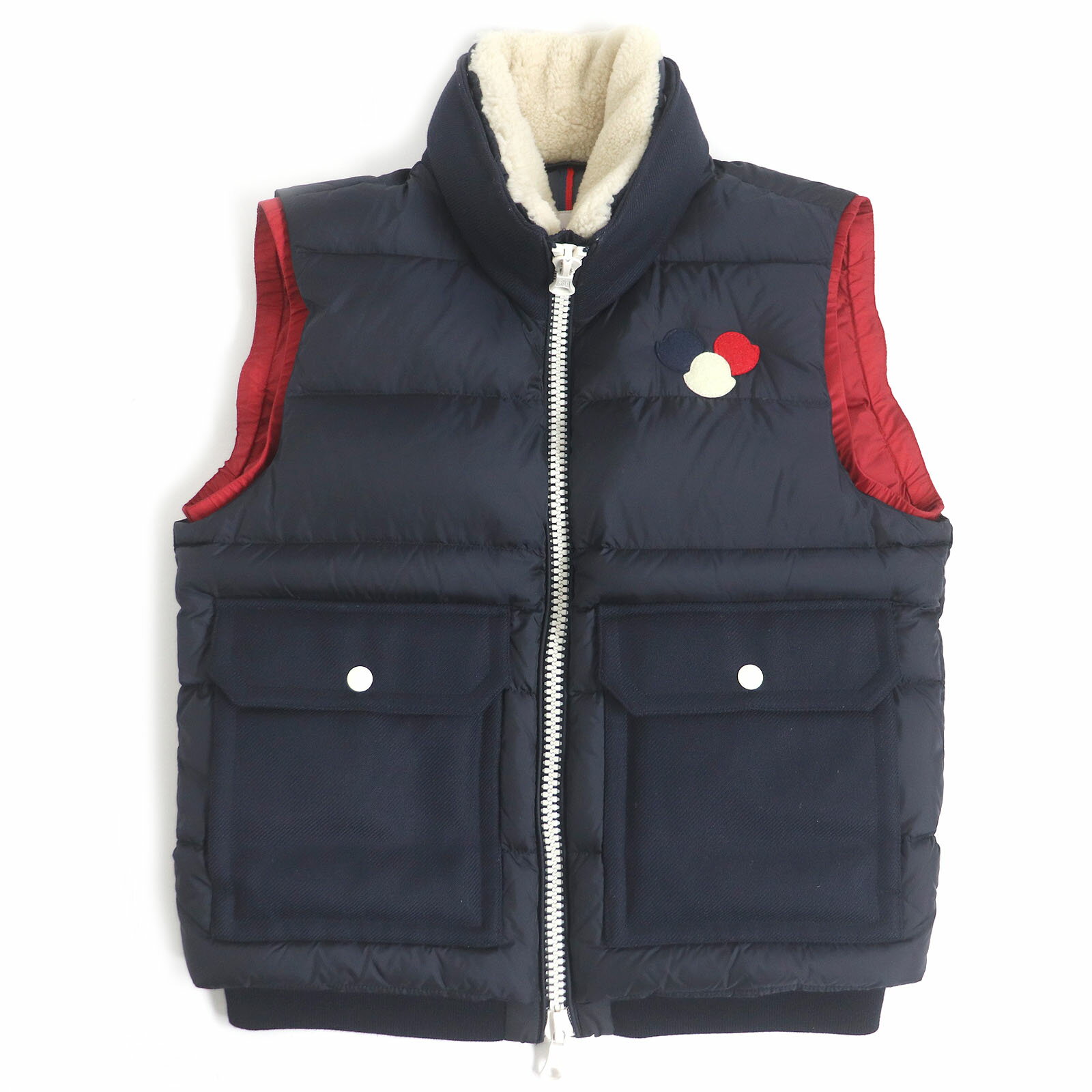 極美品 MONCLER モンクレール AUBE GILET ロゴワッペン 襟元ムートン ダブルジップ ジレ ダウンベスト ネイビー 2 正規品 メンズ【中古】