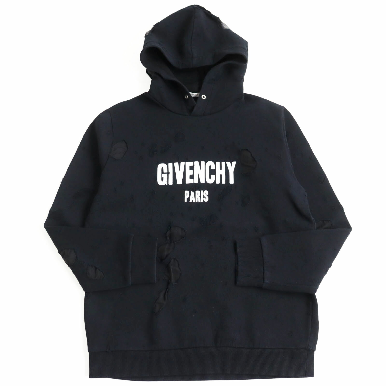 【ドンドン見直し】美品 GIVENCHY ジバンシィ BM703A3Y0S コットン100% Destroyed Logo Pullover/デストロイ ロゴプルオーバー ダメージ パーカー/フ―ディー ブラック L 正規品 メンズ【中古】