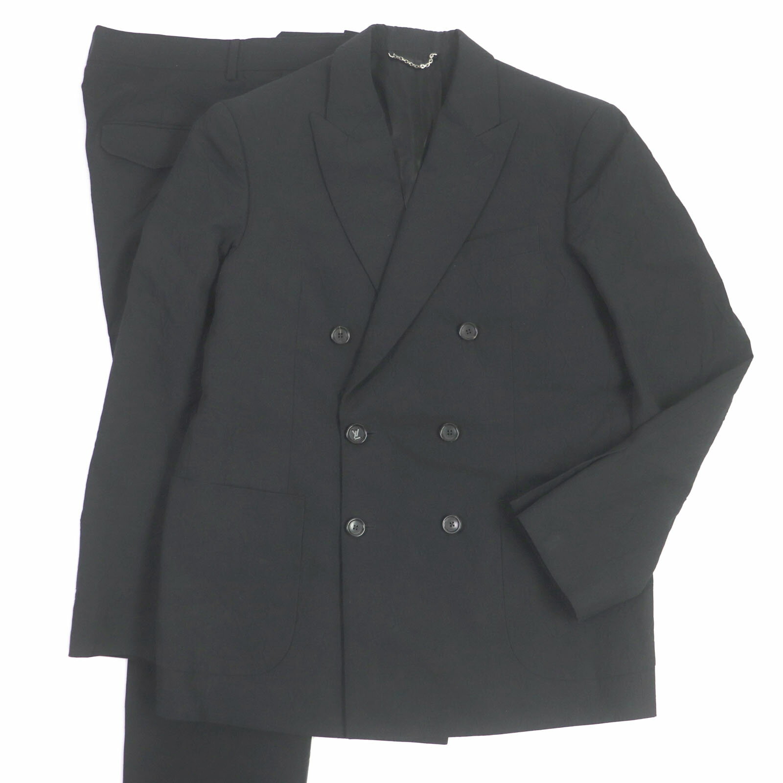 美品 LOUIS VUITTON ルイヴィトン 19AW モノグラムエンボス ピークドラペル ダブルブレスト スーツ セットアップ ブラック 48 イタリア製 ...