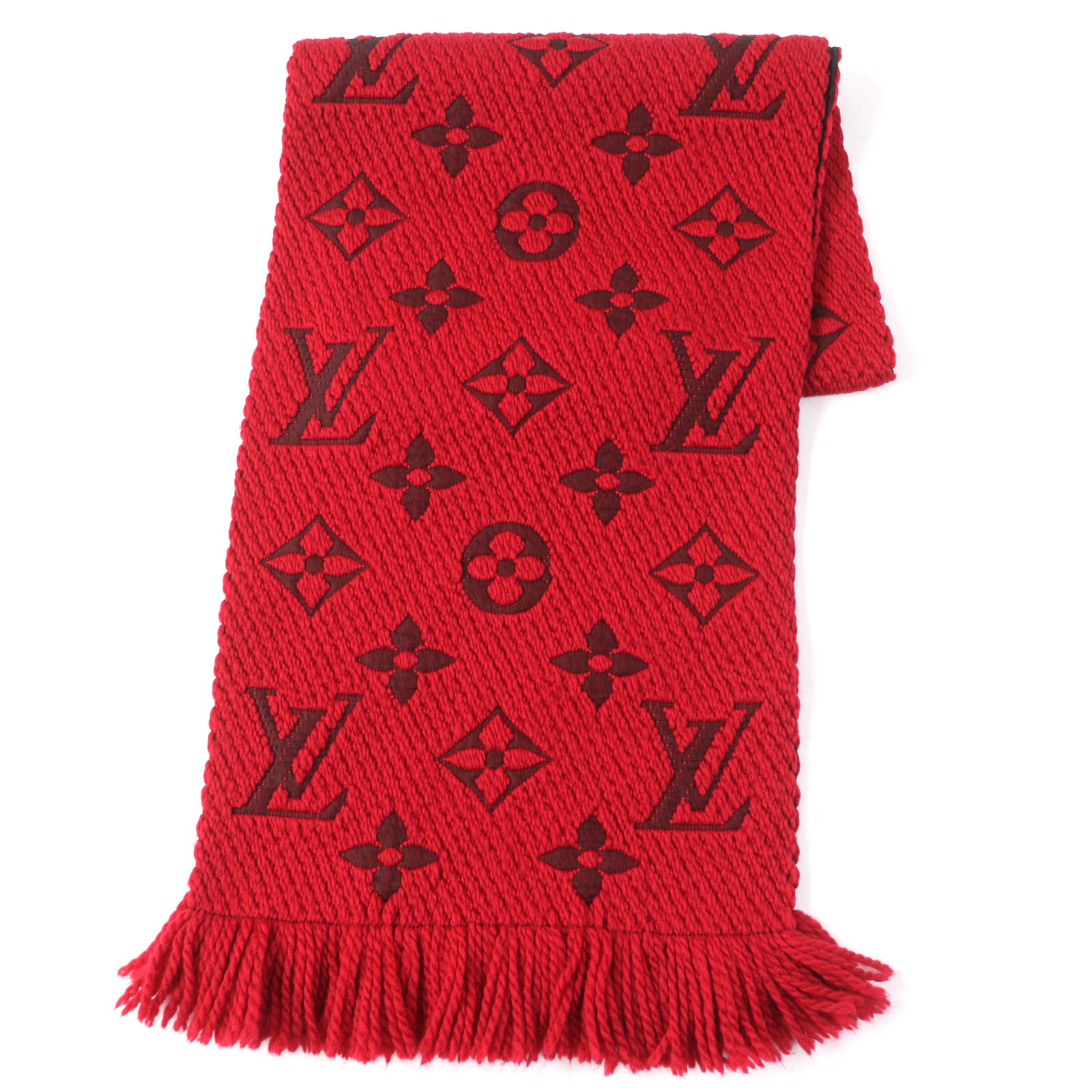 美品 LOUIS VUITTON ルイヴィトン M72732 エシャルプ ロゴマニア ウール シルク混 ルビー モノグラム柄 フリンジ付 マフラー イタリア製 正規品 レディース【中古】