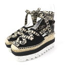極美品 Stella McCartney ステラマッカートニー 800159 ガイア ロゴリボンデザイン プラットフォーム エスパドリーユ シューズ ブラック ベージュ 35 保存袋付き【中古】