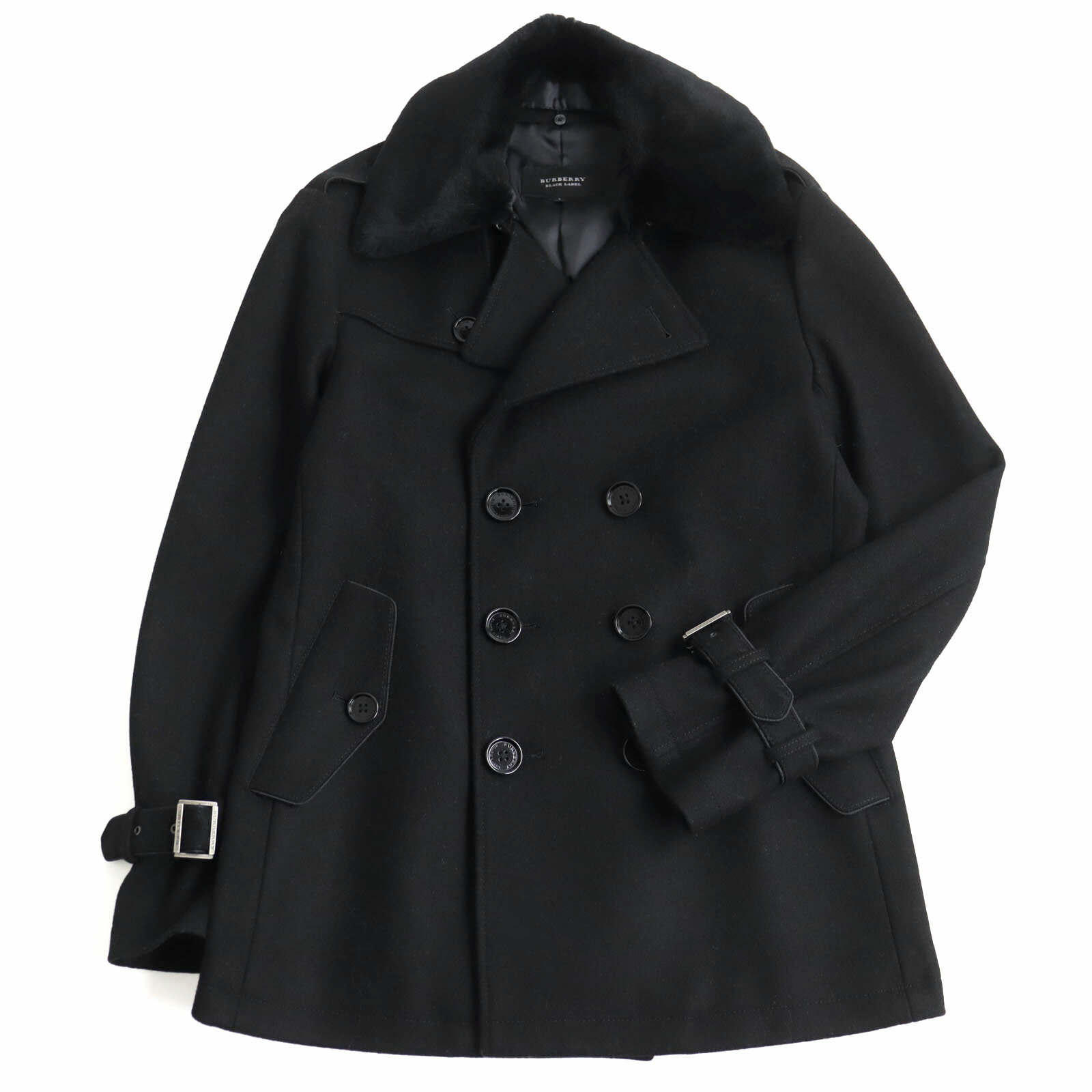 極美品○BURBERRY BLACK LABEL バーバリーブラックレーベル BMP38-334-09 襟ラビットファー使い ダブルブレスト ピーコート ブラック L 正規品 メンズ【中古】