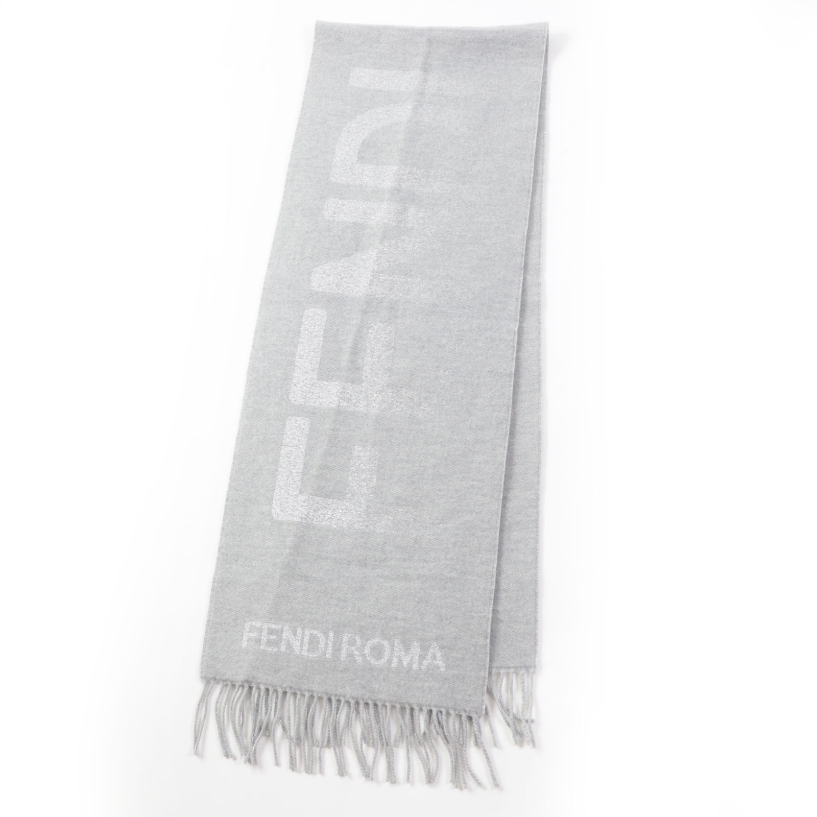 極美品◎FENDI フェンディ FXT485 AROQ TU ウール カシミヤ 現行品 マフラー ライトグレー シルバー 35.0×190.0cm 箱・保存袋付き イタリア製 正規品 レディース【中古】