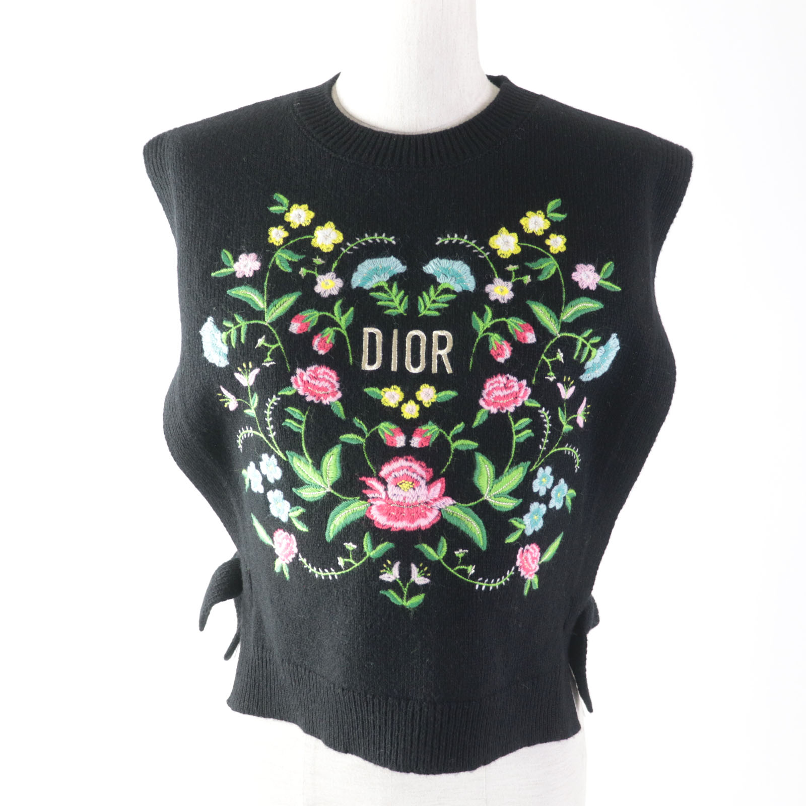 楽天衣類＆ブランドリサイクル GREEN極美品★DIOR ディオール 4SBM14PULC キッズ ノースリーブ セーター ウール カシミヤ混 レディース可◎ ロゴ・花刺繍入り ニット ブラック マルチ 13 正規品 レディース【中古】