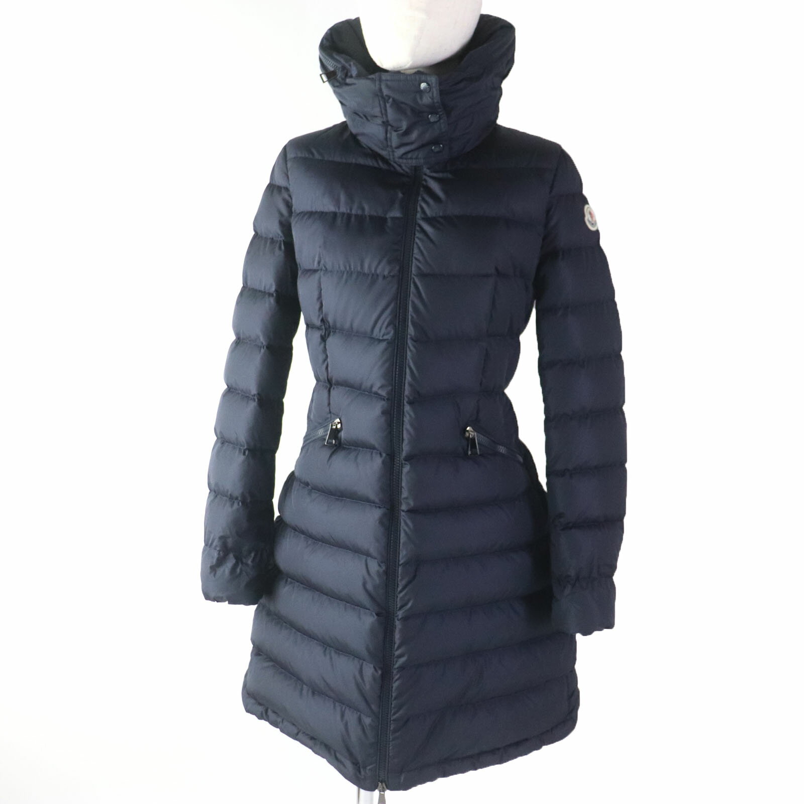 美品☆MONCLER モンクレール 19-20AW FLAMMETTE フラメッテ ロゴワッペン付 ZIP UP ダウンコート ネイビー 0 国内正規品 レディース【中古】