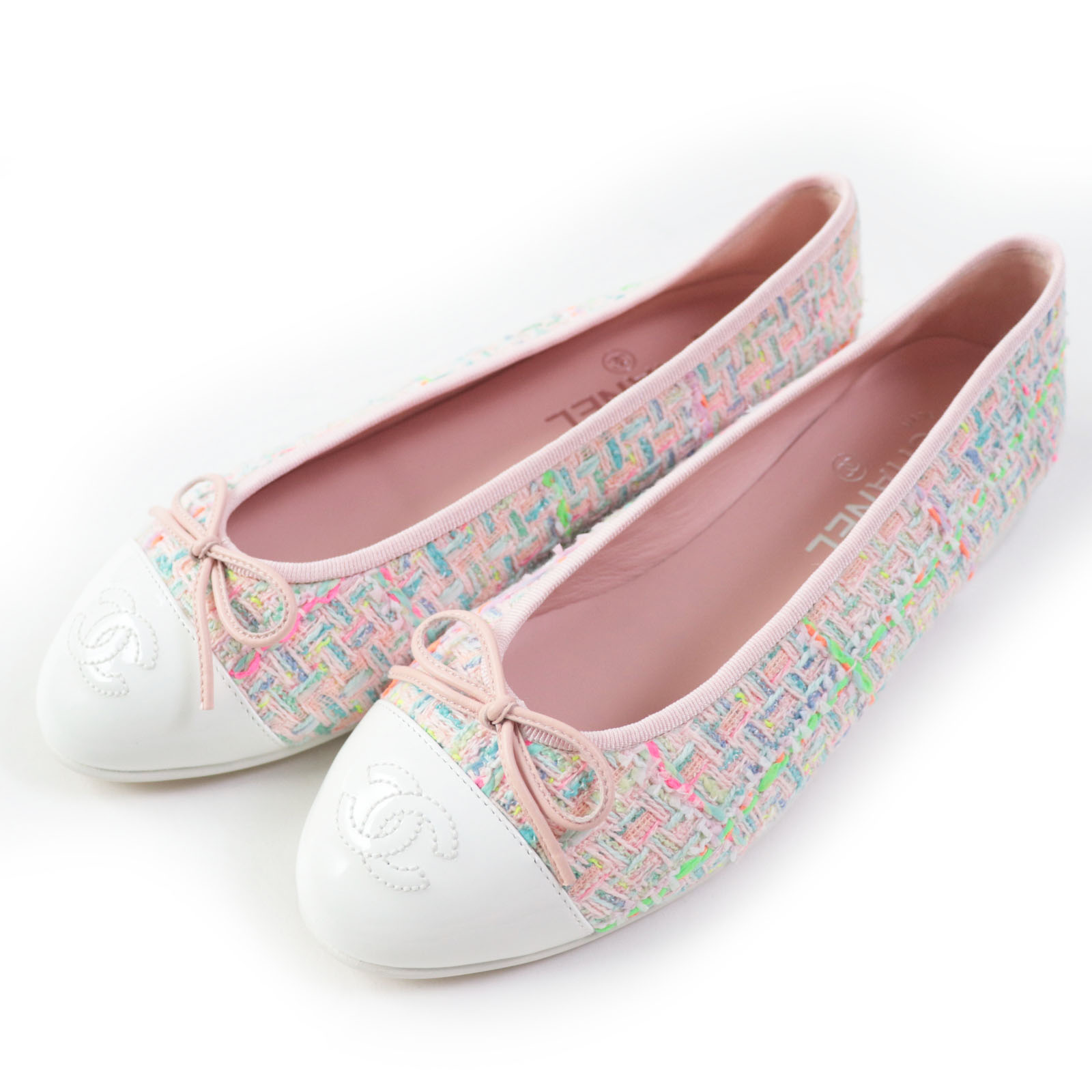 未使用品◎CHANEL シャネル 24C G02819 Ballet flats コットンツイード パテントカーフスキン バレエシューズ ホワイト マルチ 38 箱・保存袋付き イタリア製 レディース【中古】