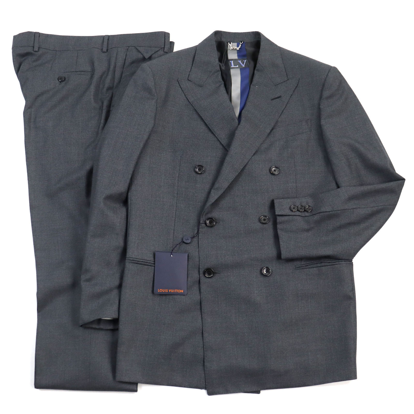 未使用品○LOUIS VUITTON ルイヴィトン HGCF7W シルク混 LVロゴ刺繍 ピークドラペル 裏地LVプリント ダブルブレスト スーツ/セットアップ...