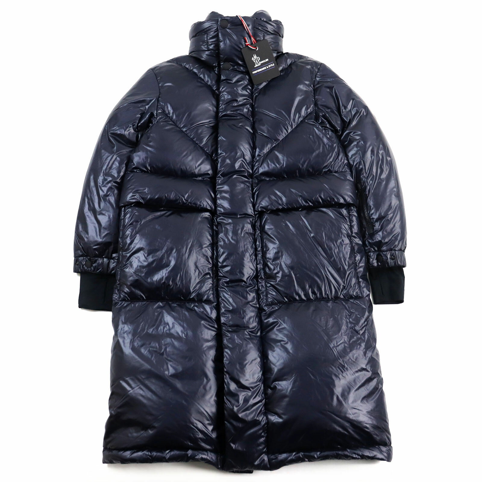 未使用品○MONCLER GRENOBLE モンクレールグルノーブル 2021年製 G20971D50000 539YL ALLEX GIUBBOTTO ロゴワッペン付き フード入り スタンドカラー 超ロング丈 ダブルジップ ダウンコート ネイビー 1 ハンガー付き 正規品 メンズ【中古】