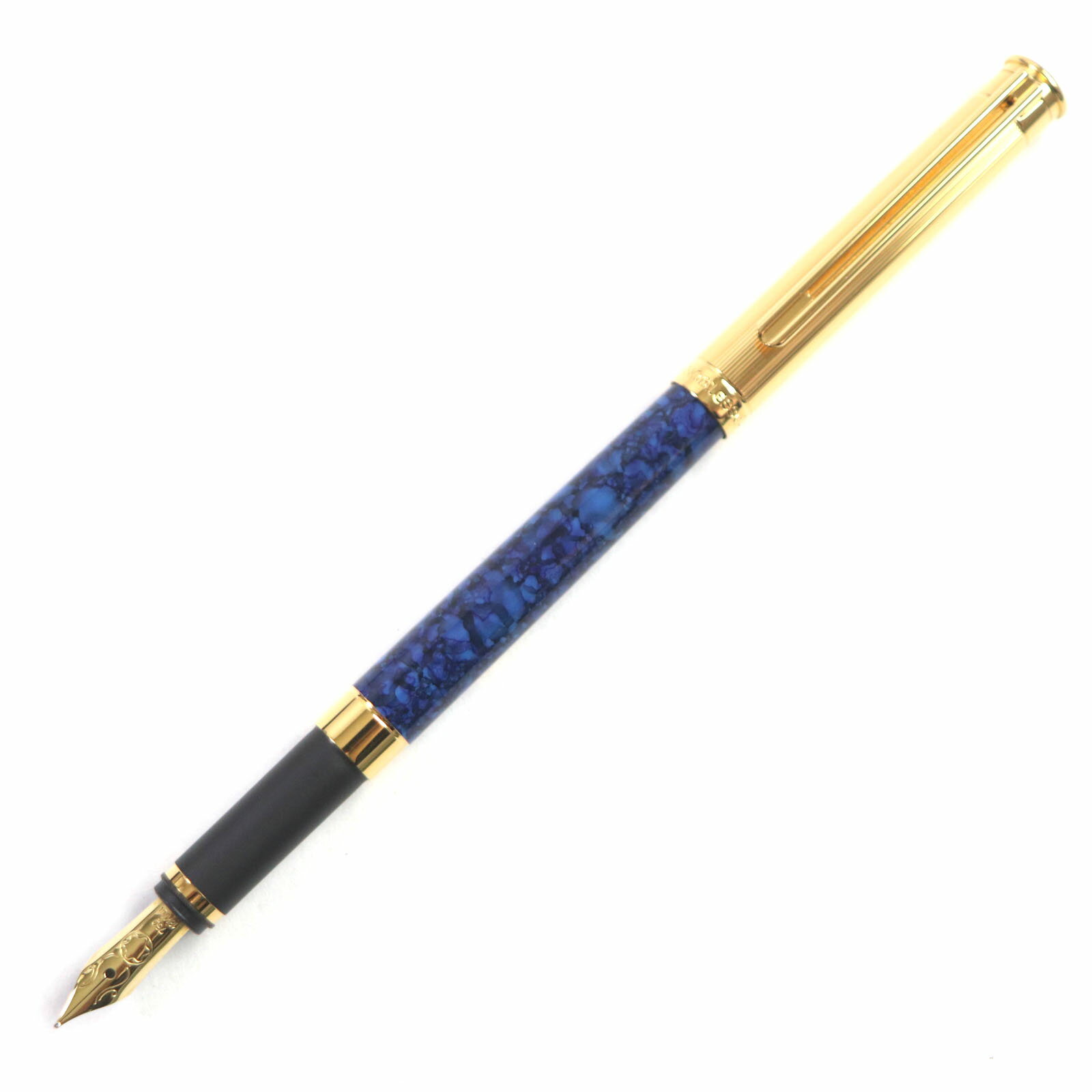 極美品▼MONTBLANC モンブラン ノブレス ペン先K18 ホワイトスター マーブル柄 万年筆 ゴールド ブルー Fニブ 箱・ケース付き ドイツ製 メンズ【中古】