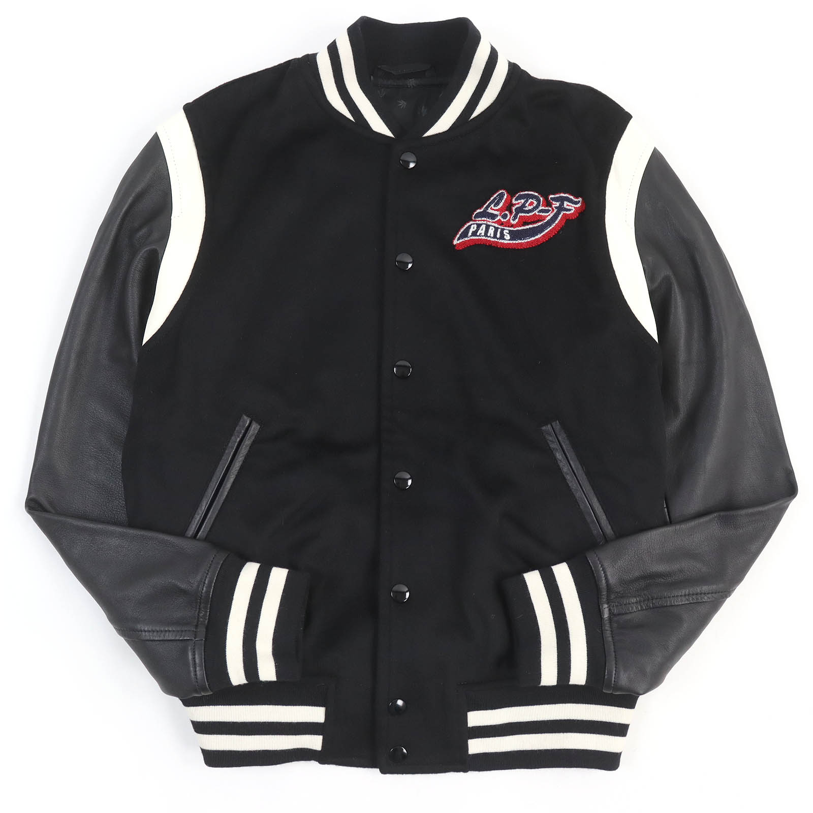 極美品□Lucien Pellat-Finet ルシアンペラフィネ カシミヤ バックスカルロゴ 袖ラムレザー バーシティジャケット スタジャン ブルゾン ブラック S 日本製 正規品 メンズ【中古】