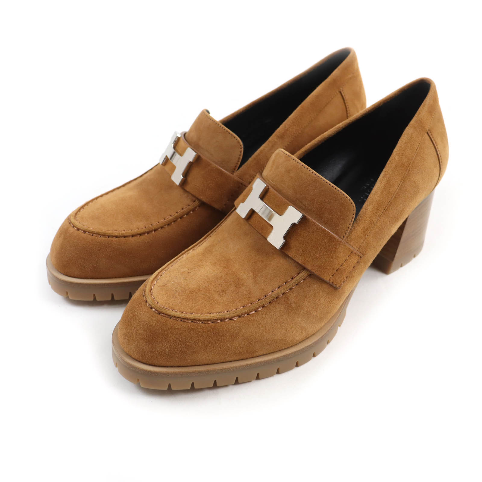 未使用品★HERMES エルメス 2022年製 FOCH フォッシュ 60 Hロゴシルバー金具 チャンキーヒール スウェードレザー ローファー キャメル 37.5 箱・保存袋付き イタリア製 レディース【中古】のサムネイル