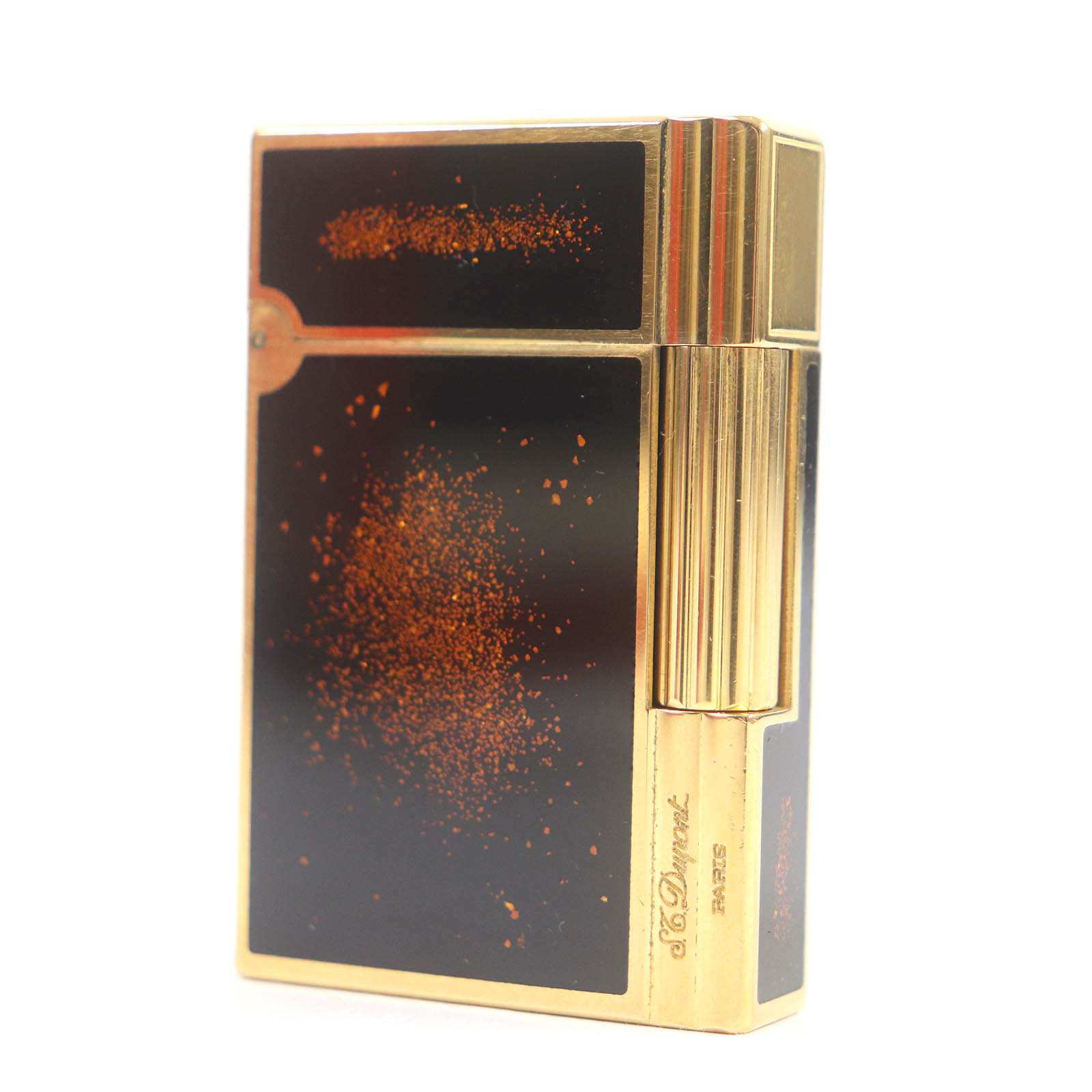 美品□Dupont デュポン ギャッツビー ラッカー ラメ入り スクエア型 ローラー式 ガス ライター ブラック ゴールド ケース付き フランス製 メンズ 着火...