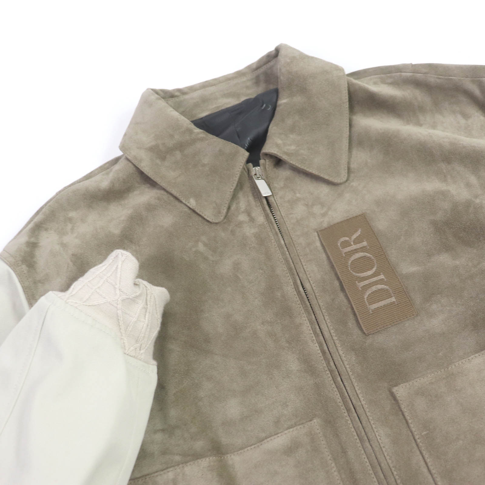 極美品□DIOR ディオール オム 23AW 383L419C0686 Zipped Varsity Blouson スウェードレザー 中綿入り バーシティブルゾン スタジャン ベージュ 50 イタリア製 正規品 メンズ【中古】