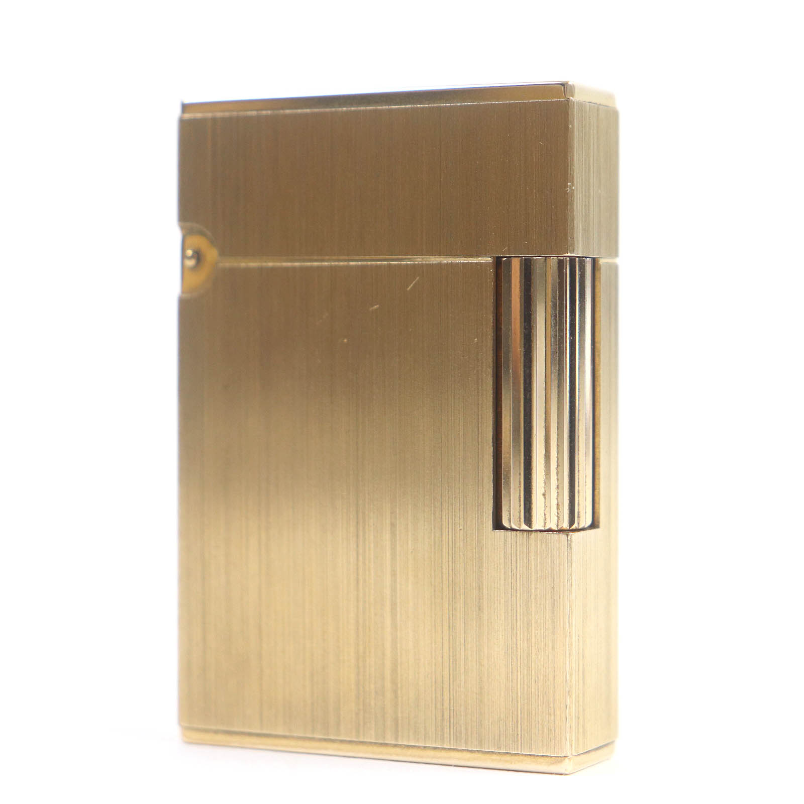極美品□Dupont デュポン ライン2 ヘアライン スクエア ローラー式 喫煙具 ガスライター ゴールド ケース付き フランス製 メンズ 着火確認済み【中古】
