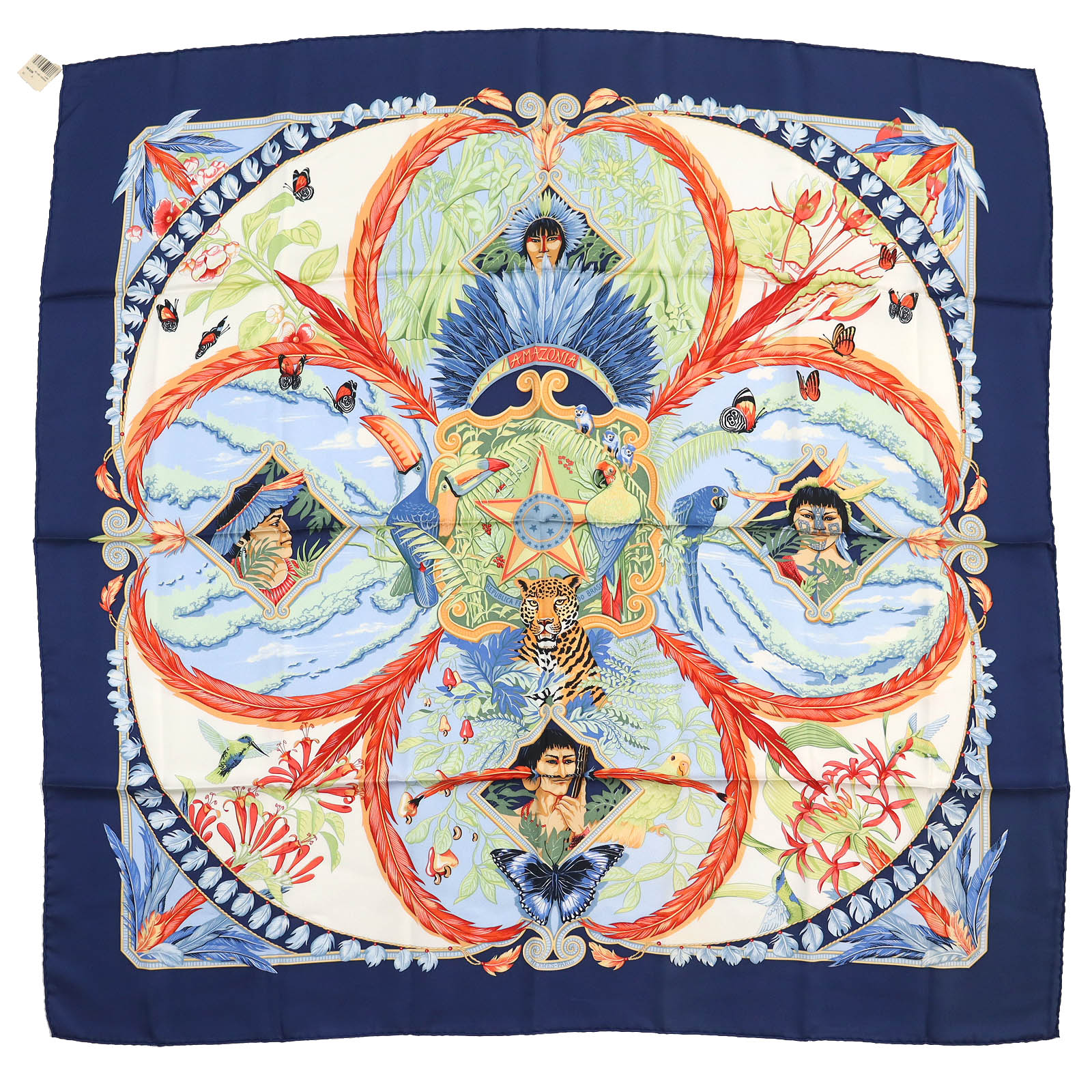 未使用品△HERMES エルメス カレ90 AMAZONIA アマゾニア シルク100% スカーフ ネイビー マルチカラー フランス製 レディース オススメ◎【中古】