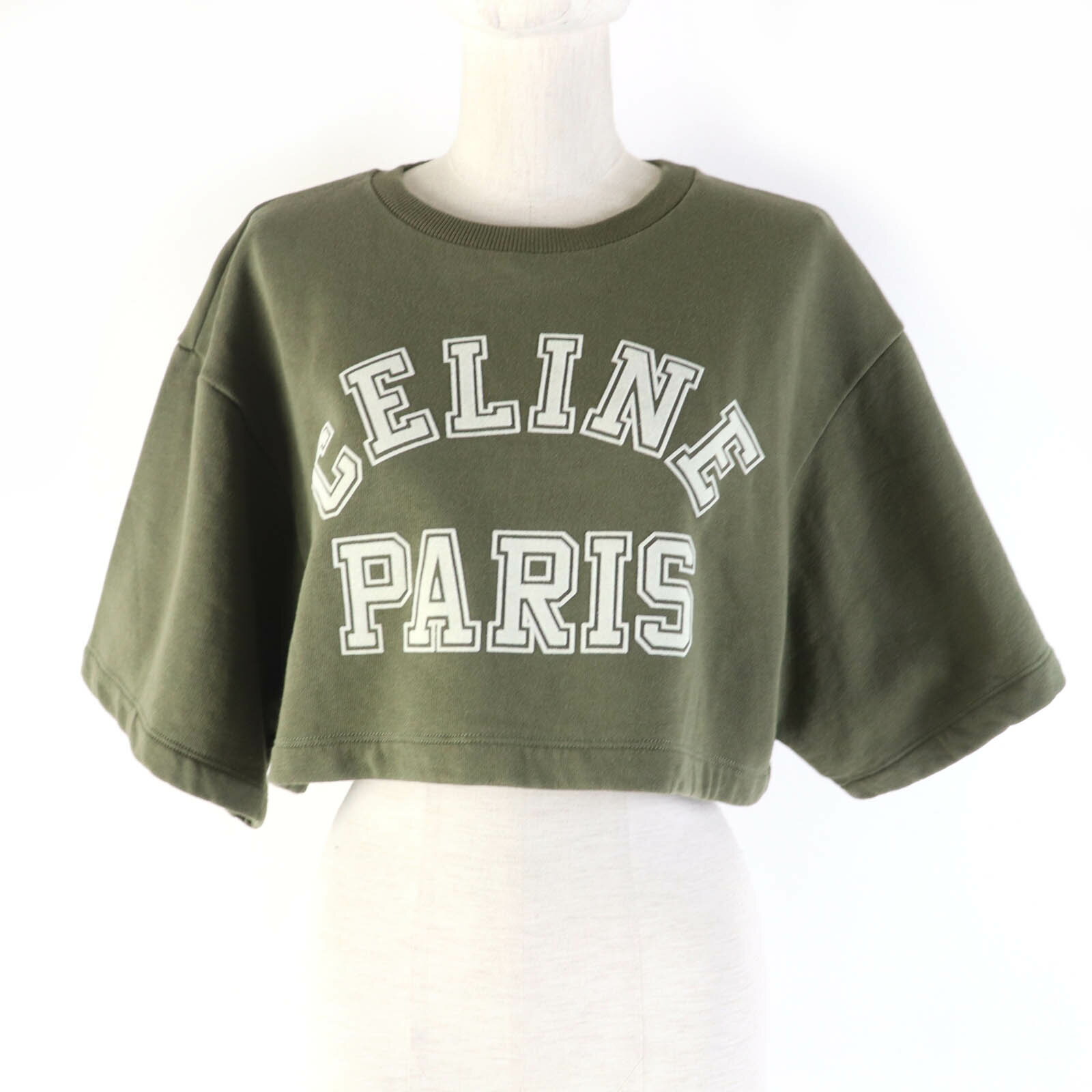 極美品☆CELINE セリーヌ 2Y19A670Q コットン100% ロゴ入り オーバーサイズ クロップド丈 Tシャツ スウェット カーキ XS イタリア製 正規品 レディース【中古】