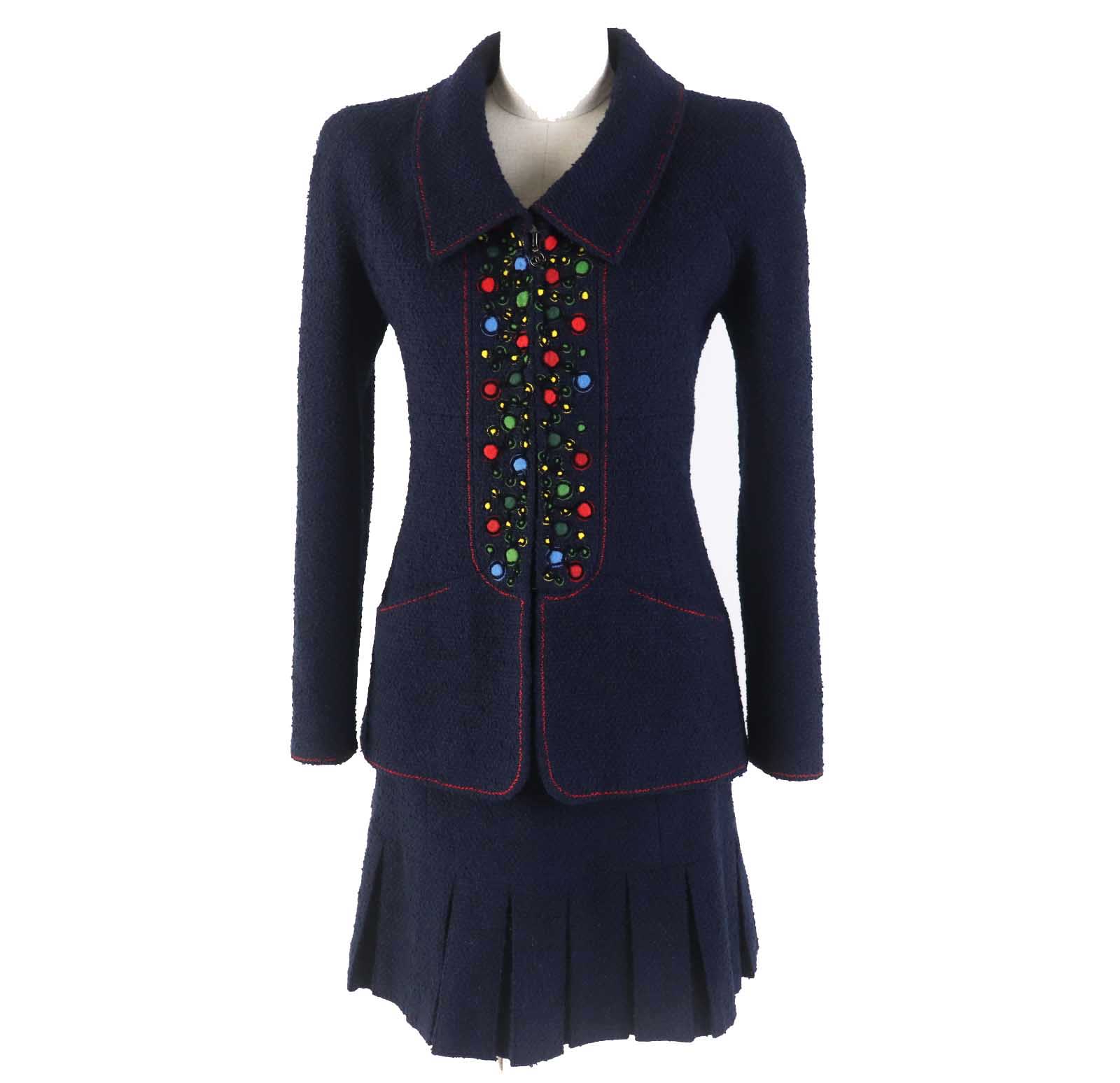 美品◎CHANEL シャネル ヴィンテージ 97A P09685 ウール ココマークプレート付き 単色ツイード セットアップ ネイビー 36・36 フランス製 ...