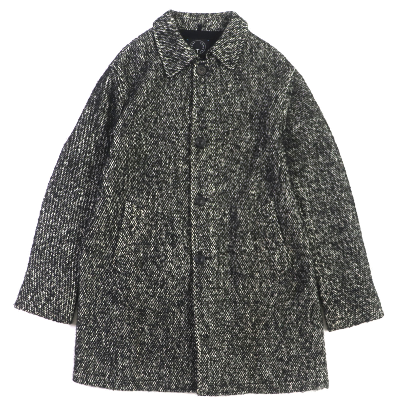 極美品▼T-JACKET ティージャケット CLAUDIO TONELLO アルパカ混 ロゴ入りボタン ニット ステンカラーコート ブラック系 M イタリア製 正規品 メンズ【中古】