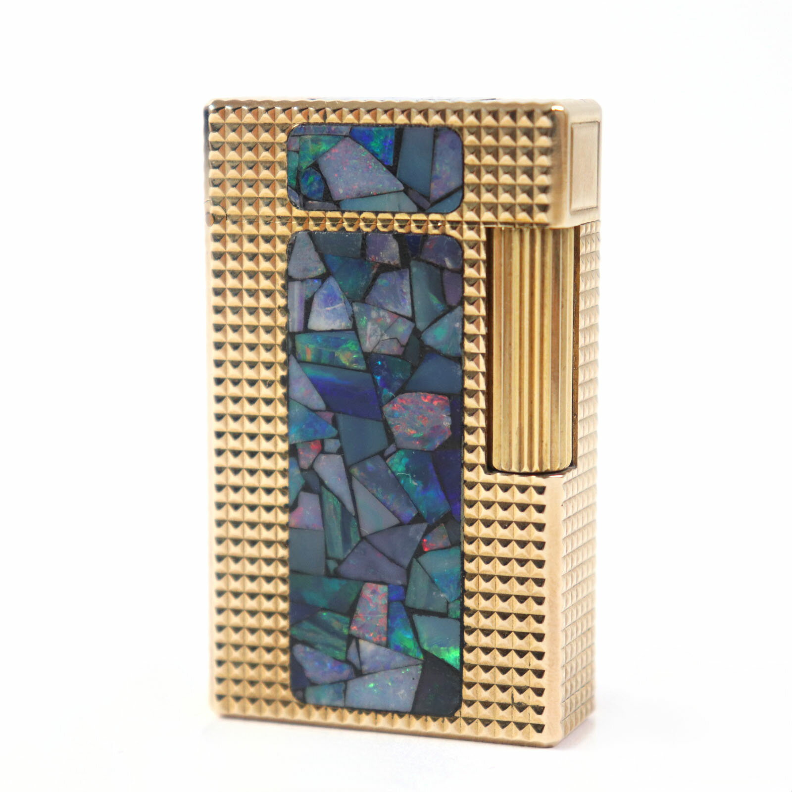 外装極美品○Dupont デュポン ライン1 ロング ダイヤモンドヘッド オパールモザイク スクエアフォルム ローラー式 喫煙グッズ ガスライター ゴールド ブ...