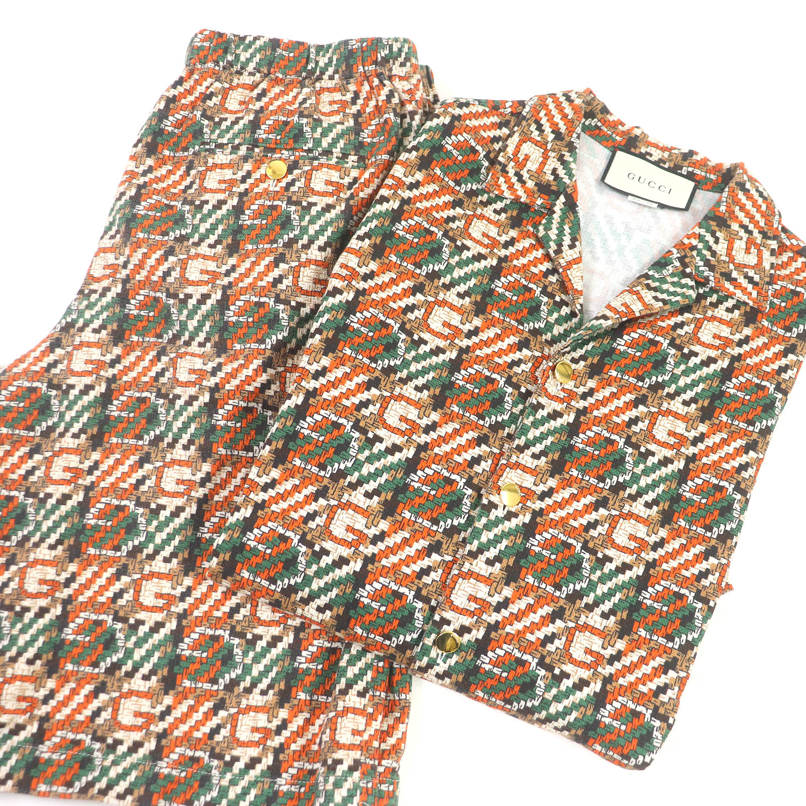 極美品□GUCCI グッチ 20SS 623168/623159 コットン100% Gロゴ 総柄 ウーブンエフェクト ボウリングシャツ ショートパンツ セットアップ マルチカラー 46 イタリア製 正規品 メンズ【中古】
