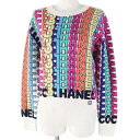 極美品◎CHANEL シャネル P71599 ロゴ総柄 カシミヤ100% ストーン付きココマーク 長袖 ニットプルオーバー マルチ 34 UK製 レディース【中...