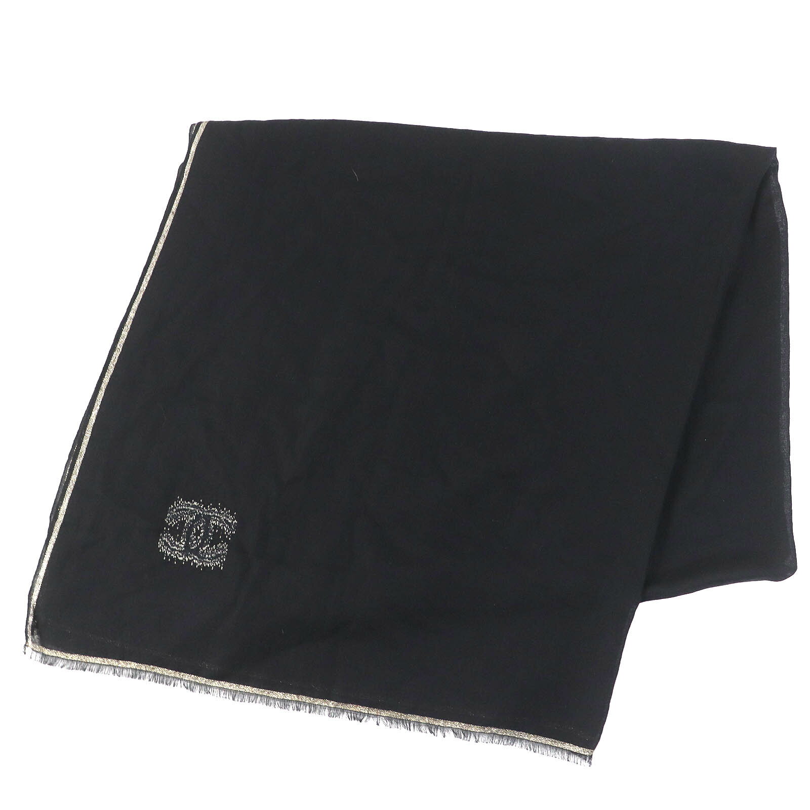 美品△CHANEL シャネル 15C カシミヤ100% ココマーク ミニフリンジ 大判 ショール ストール マフラー ブラック ゴールドラメ レディース【中古】