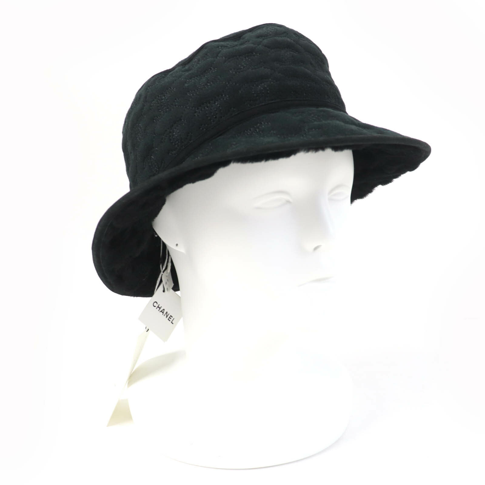 未使用品☆CHANEL シャネル AA9486B13861 ラムスキン ココマーク総柄 バケットハット ムートン ハット ブラック M イタリア製 正規品 レディース【中古】