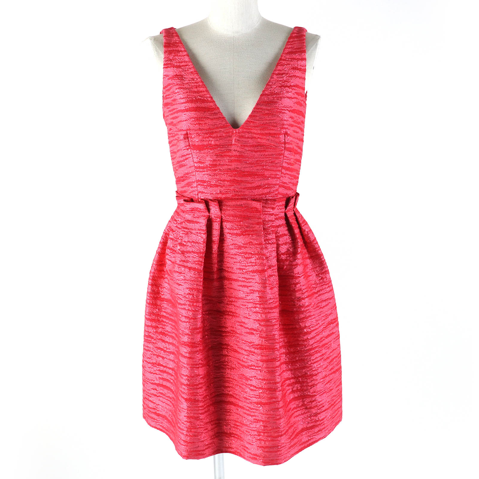 【ドンドン見直し】未使用品△LANVIN ランバン ジャガード Vネック ノースリーブ ワンピース 裏地シルク100％ レッドピンク系 34 フランス製 正規品 レディース オススメ◎【中古】