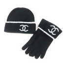 未使用品◎CHANEL シャネル ウール カシミヤ ココマーク バイカラー ニットグローブ(手袋)/ ニットキャップ 2点セット ブラック ホワイト 箱付き イ...