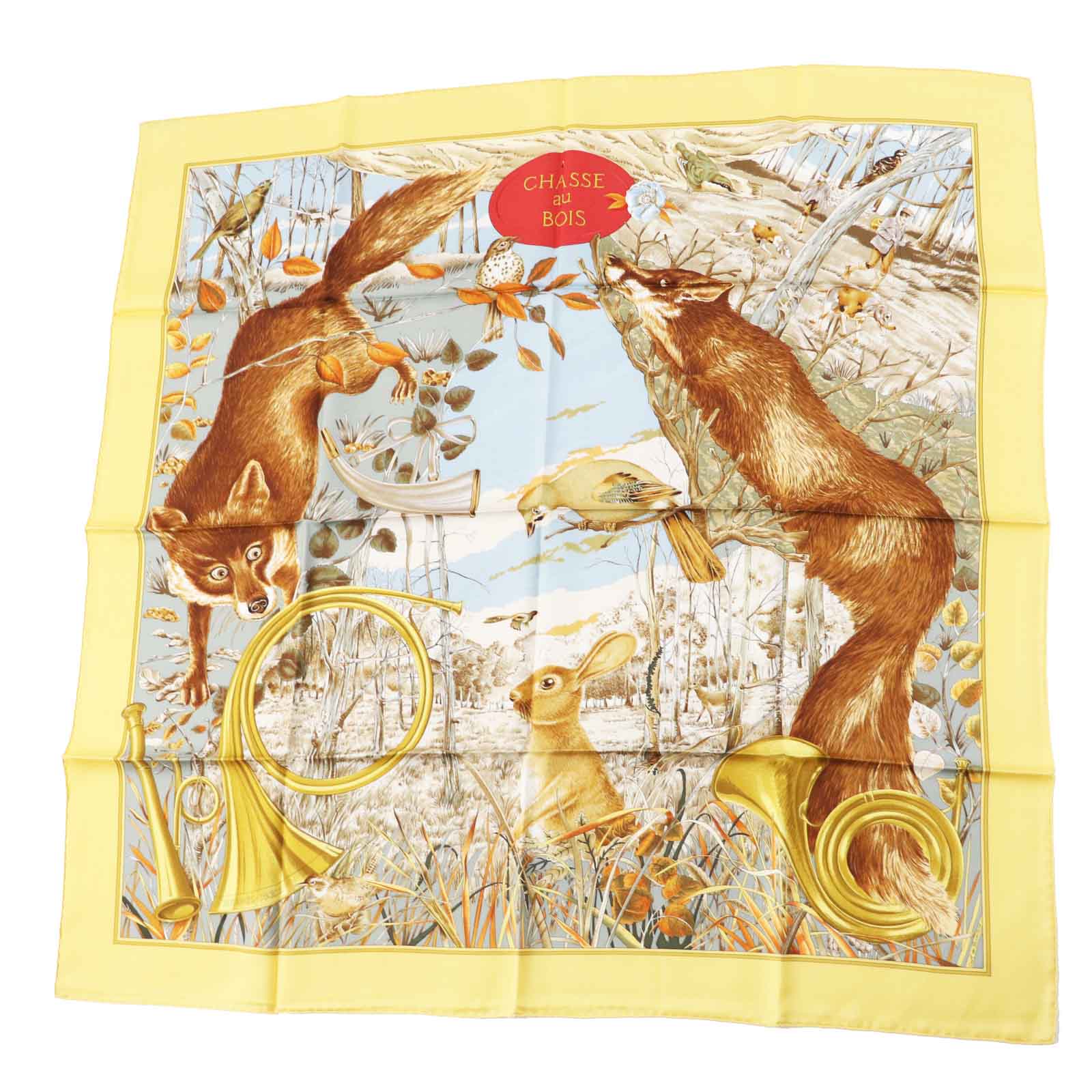 極美品◎HERMES エルメス カレ90 CHASSE au BOIS 森の狩猟 シルク100% スカーフ マルチ フランス製 レディース【中古】