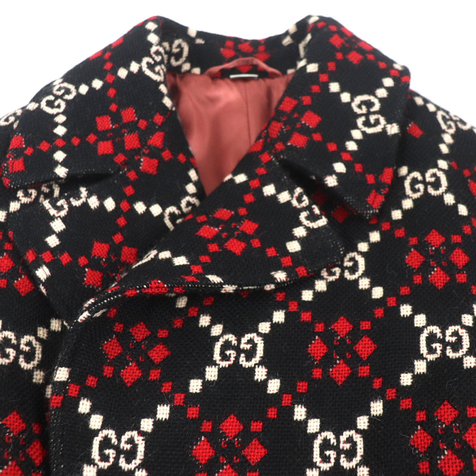 美品▼GUCCI グッチ 535769 GGダイヤモンド Diamond Wool Coat ウール100% ロング ダブルチェスターコート ブラック レッド 50 イタリア製 正規品 メンズ【中古】