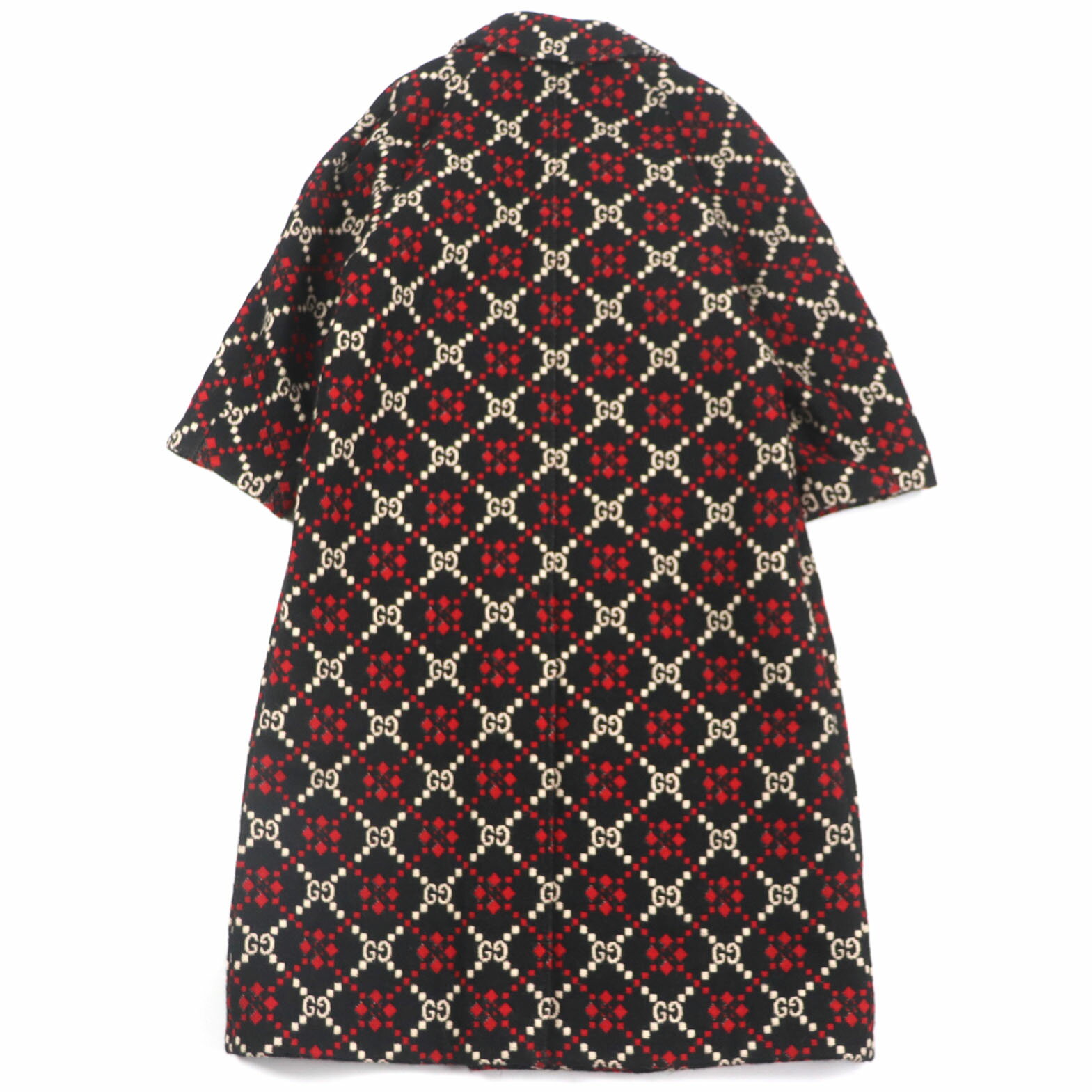 美品▼GUCCI グッチ 535769 GGダイヤモンド Diamond Wool Coat ウール100% ロング ダブルチェスターコート ブラック レッド 50 イタリア製 正規品 メンズ【中古】