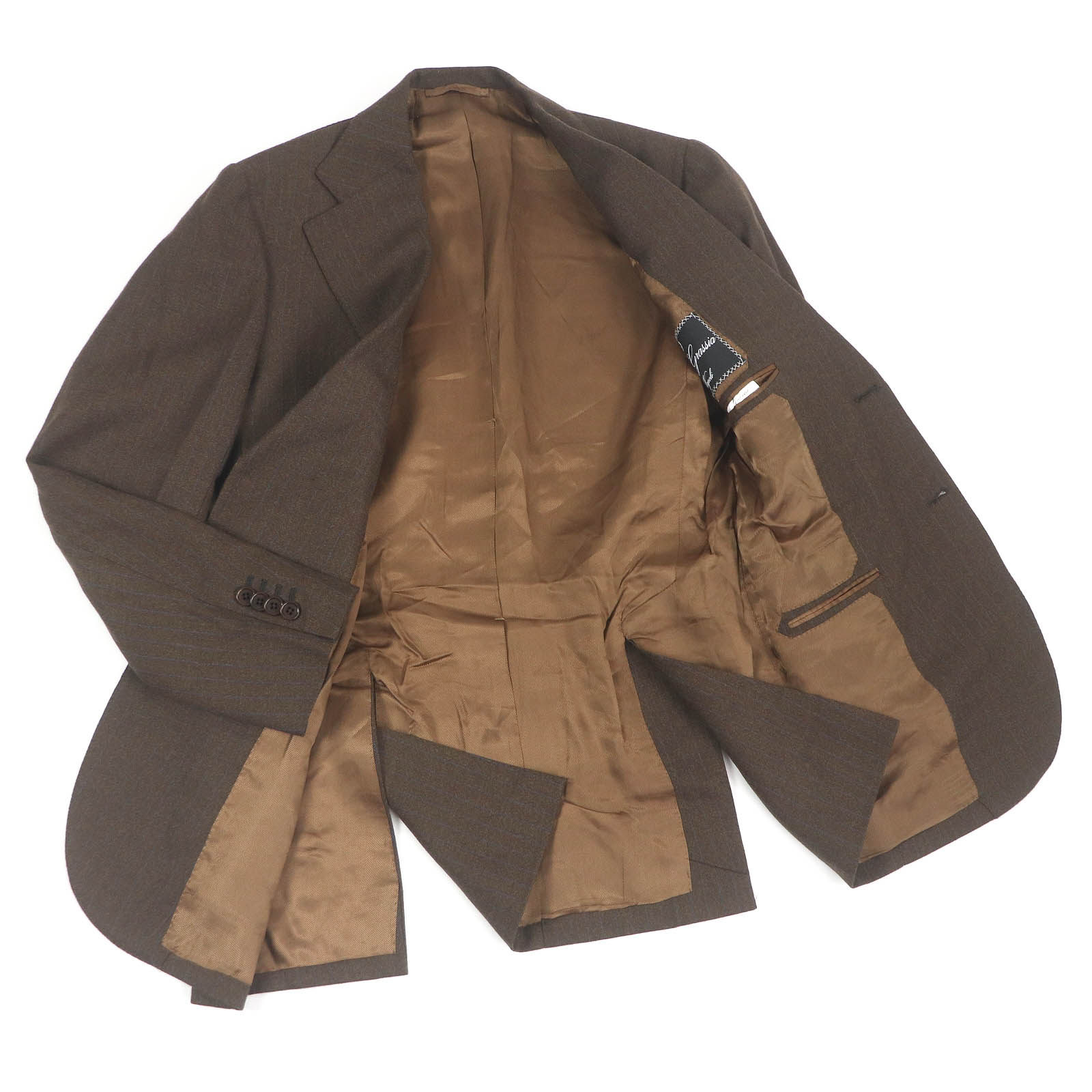 極美品□LUCA GRASSIA ルカ グラシア ウール100％ ストライプ シングルスーツ セットアップ ブラウン 44 イタリア製 正規品 メンズ【中古】