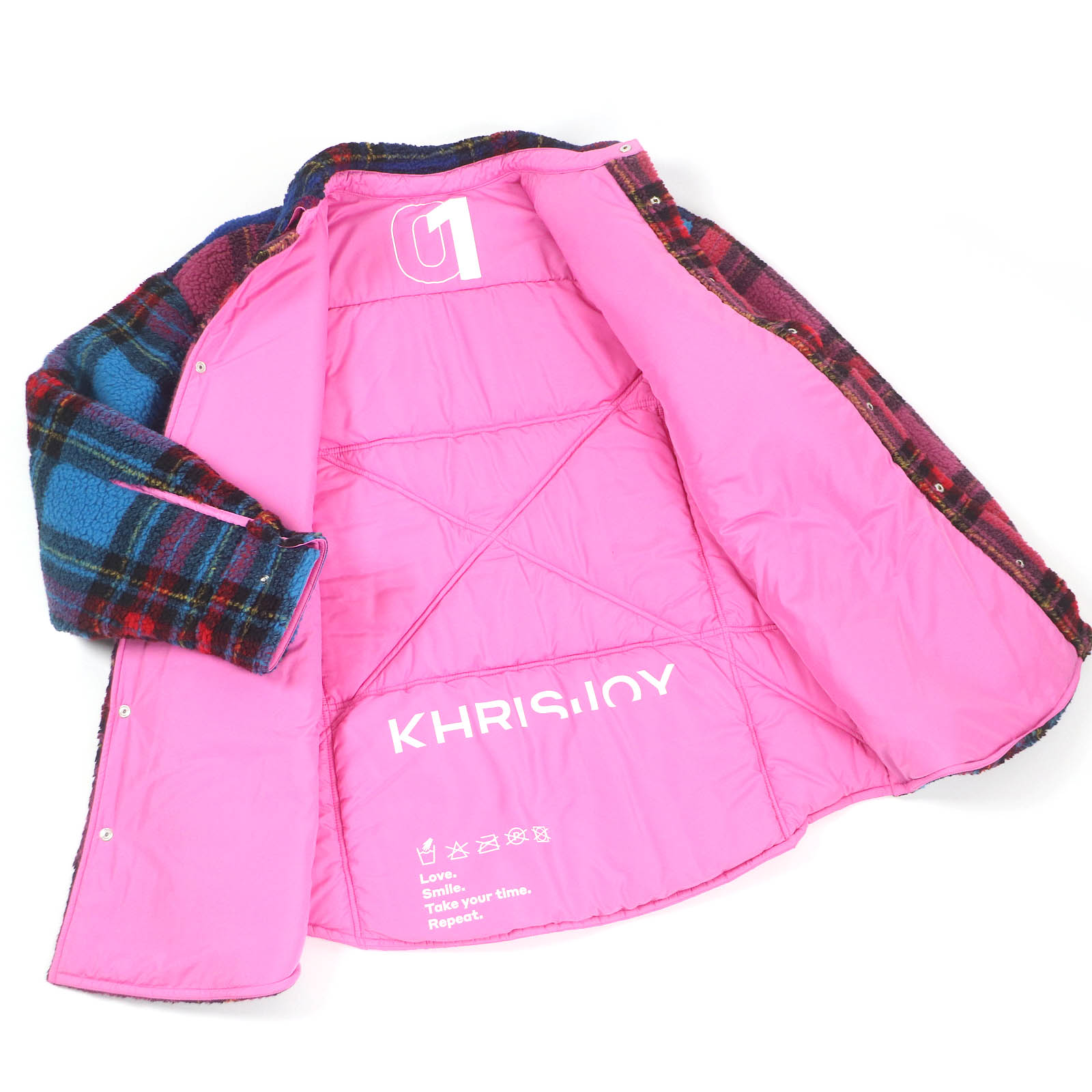 極美品□KHRISJOY クリスジョイ タータンチェック ロゴ刺繍 オーバーサイズ フリースジャケット ブルゾン マルチカラー 01 ハンガー付き イタリア製 メンズ レディース【中古】
