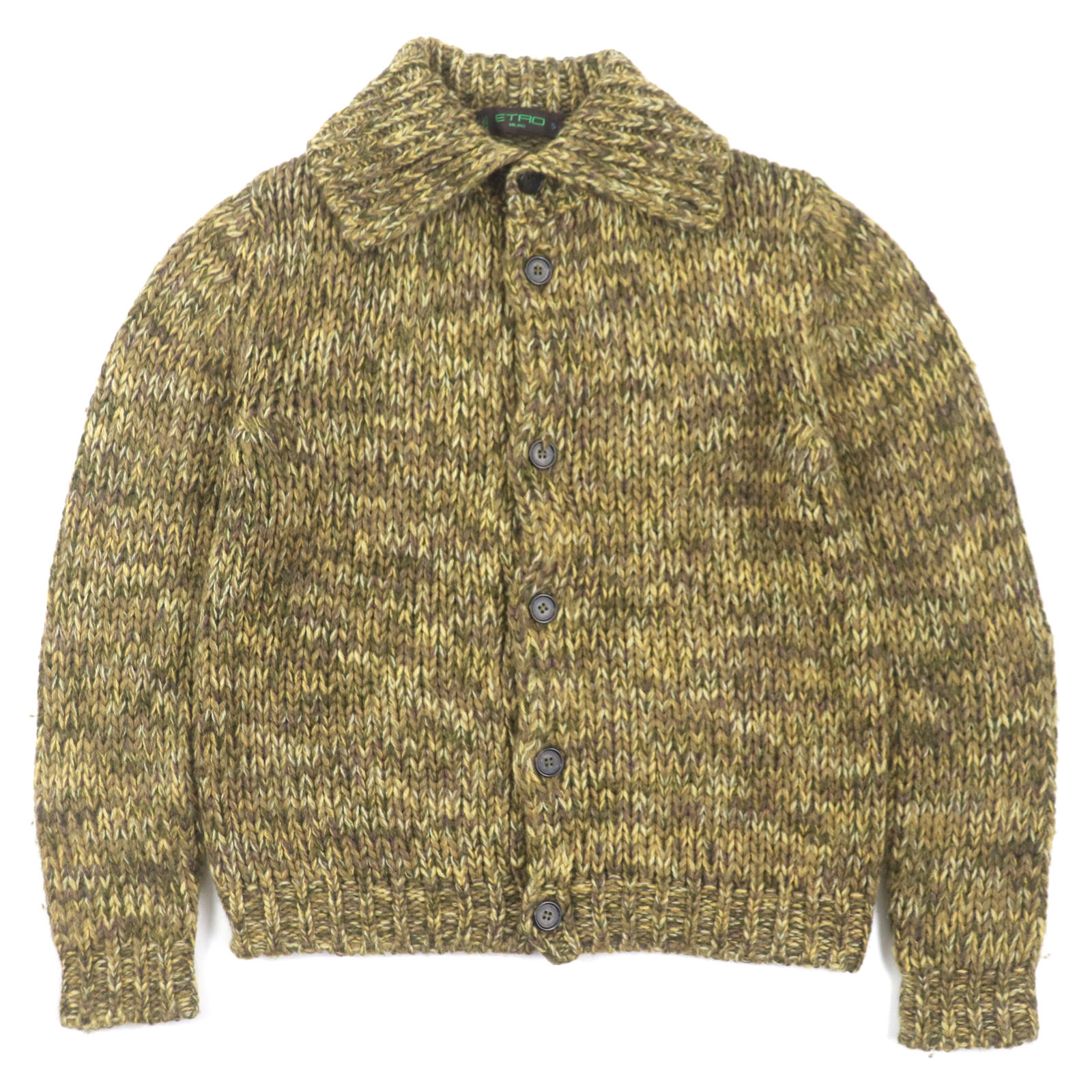 美品▼ETRO エトロ ウール モヘア混 ロゴ入りボタン ハイゲージ リブ編み ミックスニット ジャケット イエロー系 S イタリア製 正規品 メンズ【中古】