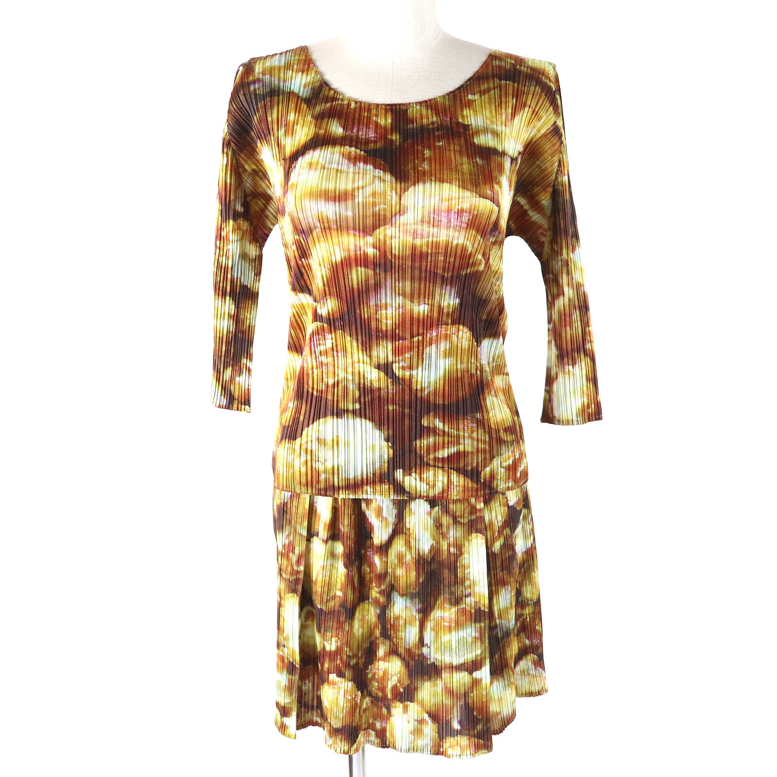 極美品△PLEATS PLEASE プリーツプリーズ イッセイミヤケ PP83-JK552/PP83-JG555 ポップコーン柄 カットソー ミニスカート セットアップ ブラウン イエロー系 上:3 下:1 正規品 日本製 レディース オススメ◎【中古】