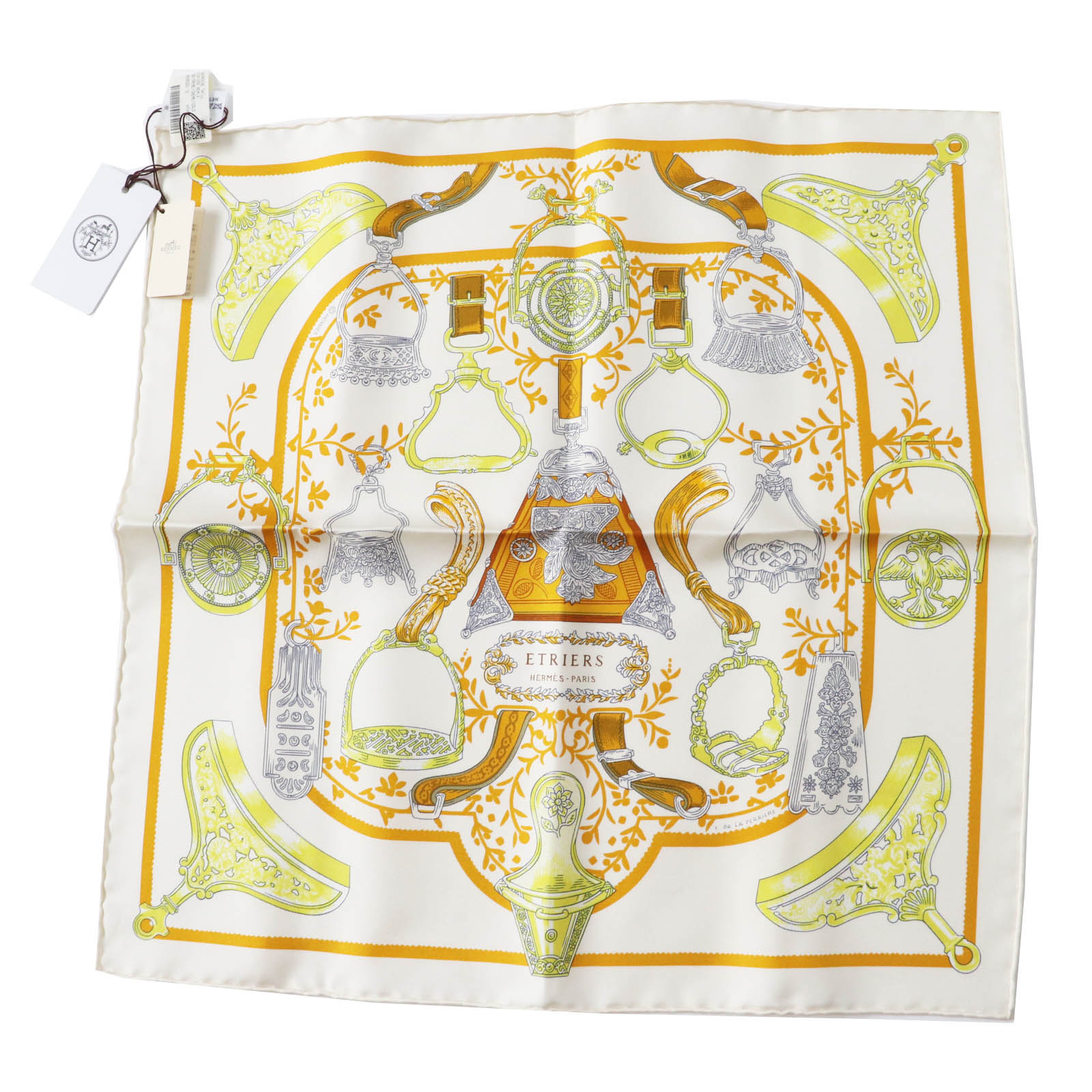未使用品◎HERMES エルメス ガヴロッシュ45 ETRIERS REMIX 鐙リミックス シルク100％ GB／CREME／CREME／GOLD スカーフ 箱付き フランス製 正規品 レディース【中古】のサムネイル
