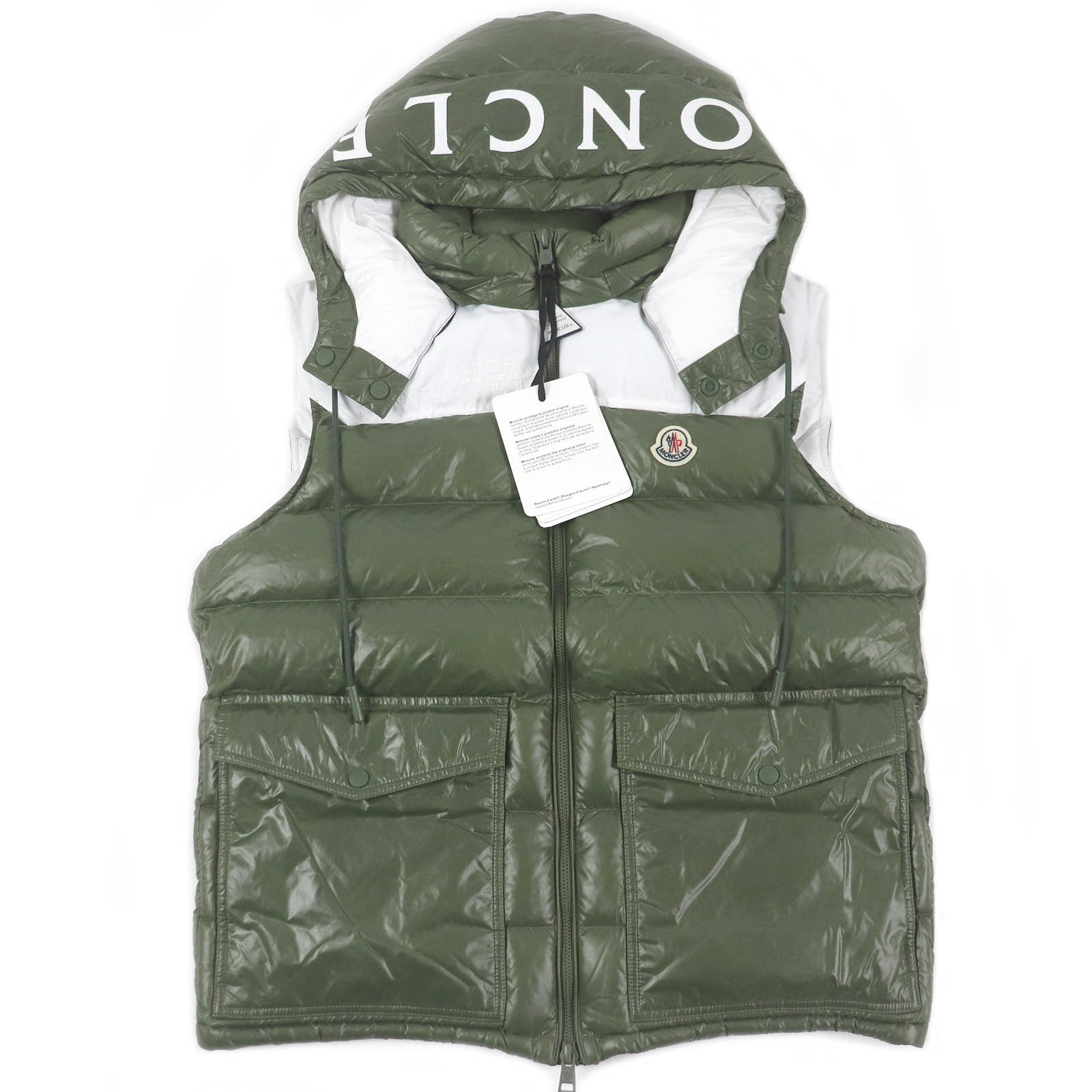 未使用品□MONCLER モンクレール 22SS GENICHI GILET BORN TO PROTECT ロゴワッペン フーデッド ダウンベスト ジレ カーキ 4 ハンガー付き 正規品 メンズ【中古】